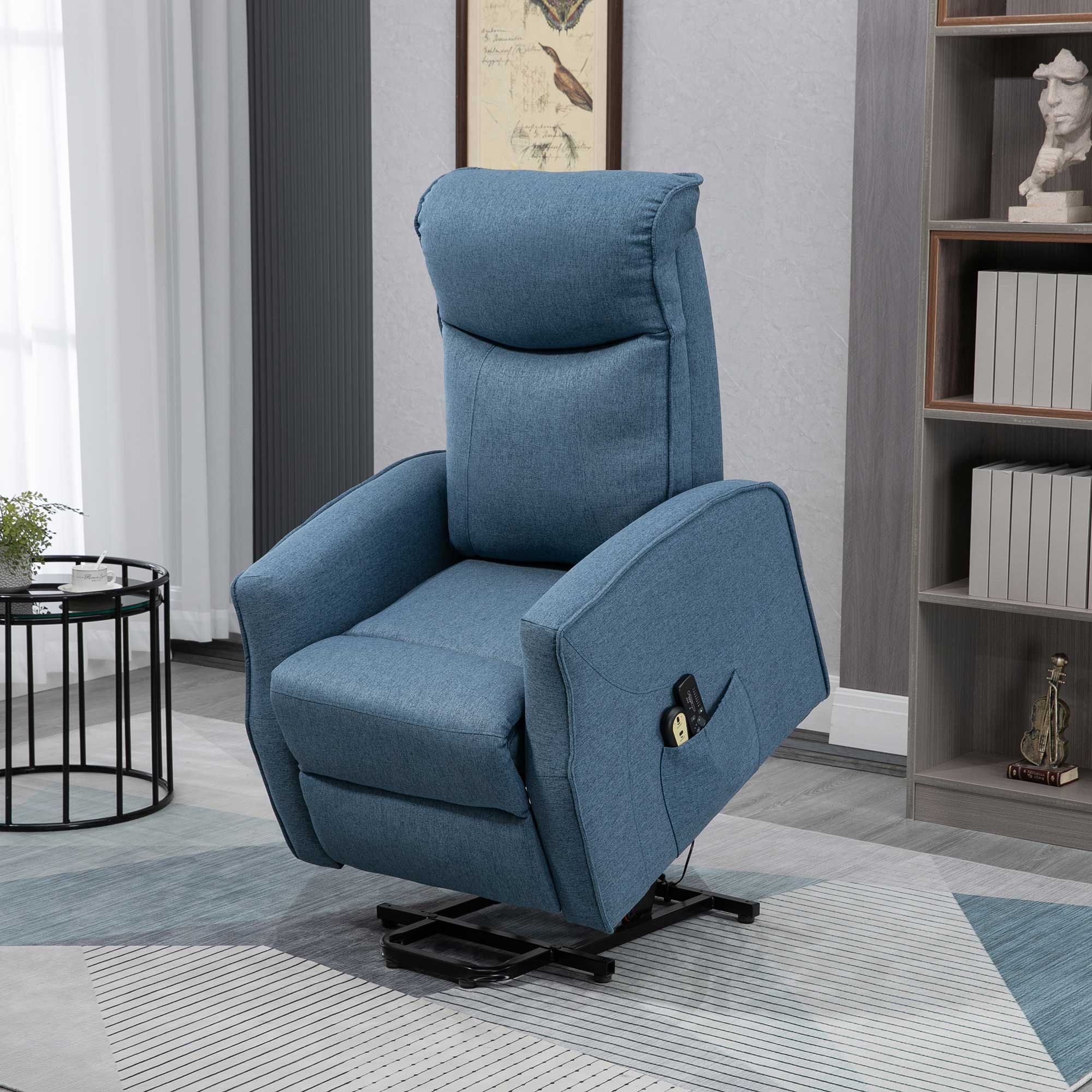 HOMCOM Massagesessel mit Aufstehhilfe, Relaxsessel, inkl. Fernbedienung, 1 Seitentasche, Fußstütze, Blau
