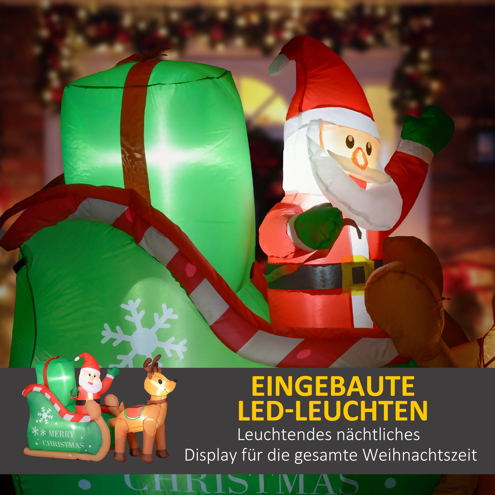 Outsunny Weihnachtsmann mit Schlitten & Rentier, aufblasbar, weiße LED-Beleuchtung, 210 x 80 x 140 cm