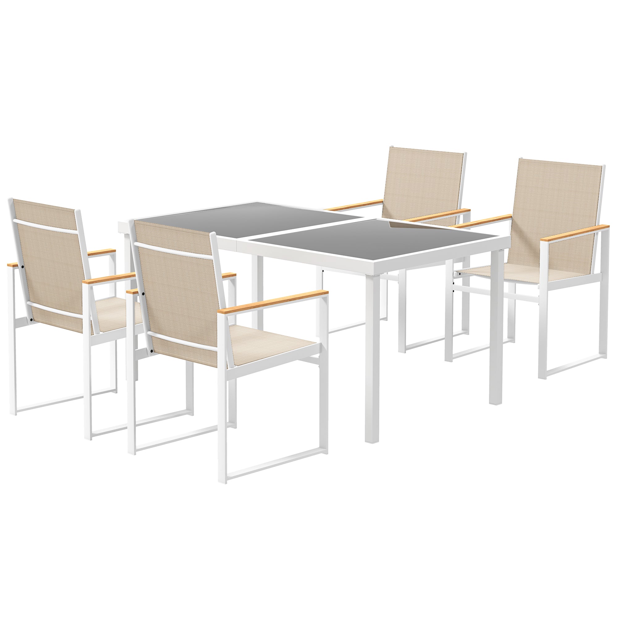 Outsunny 5-teiliges Ess-Set, Outdoor-Tisch aus Hartglas, 4 Stühle, wetterbeständig, Stahlrahmen, Terrassenmöbel, Mehrfarbig