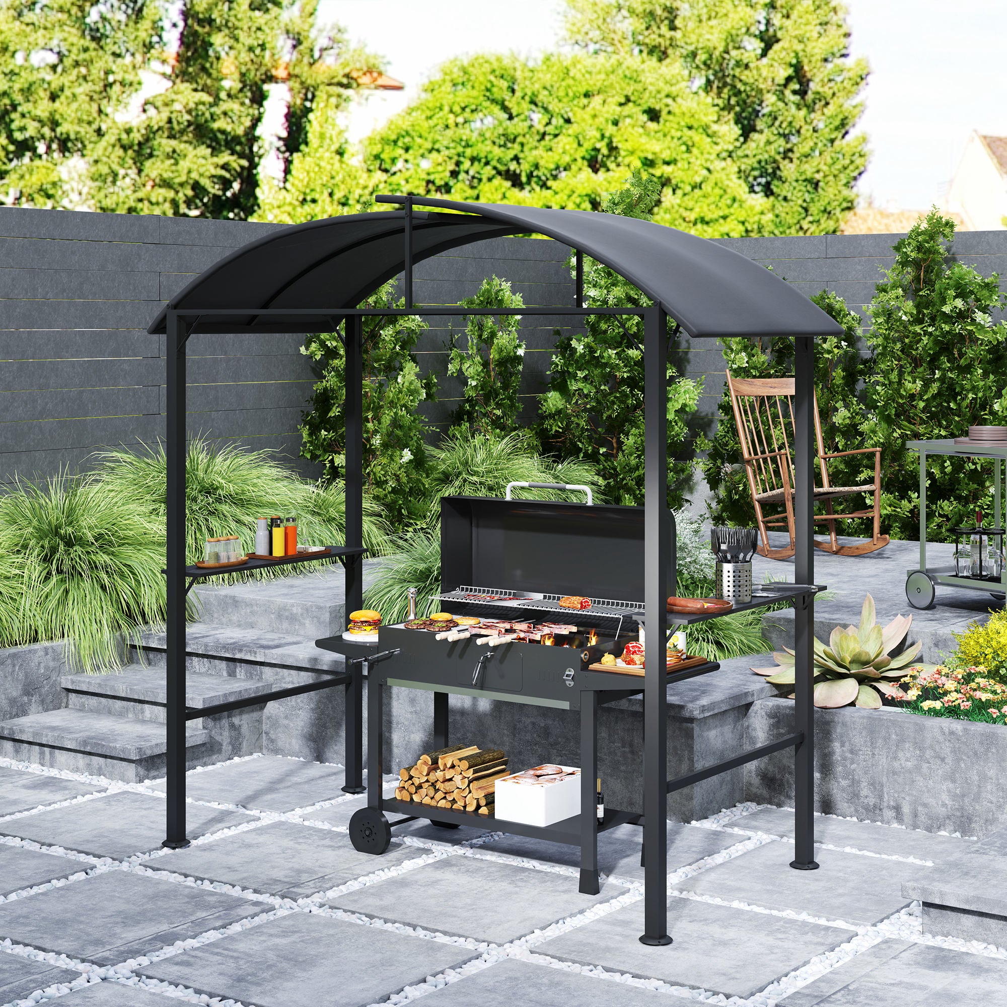 Outsunny Grillpavillon, 2 Seitenablagen, Haken, Stahlrahmen, 1,1 x 2,3m, Dunkelgrau