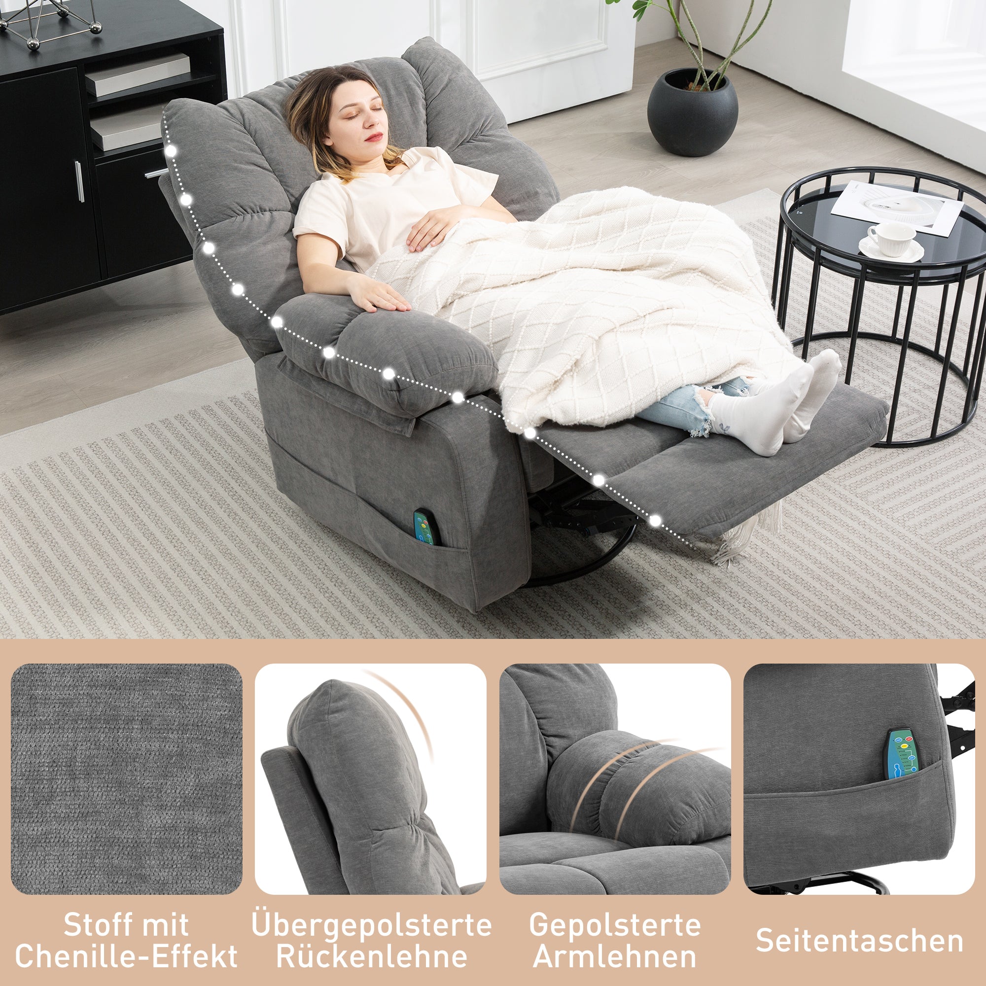 HOMCOM Relaxsessel mit Massagefunktion, Liegefunktion, Drehbarer Massagesessel, 4 Seitentaschen und Fernbedienung, Dunkelgrau