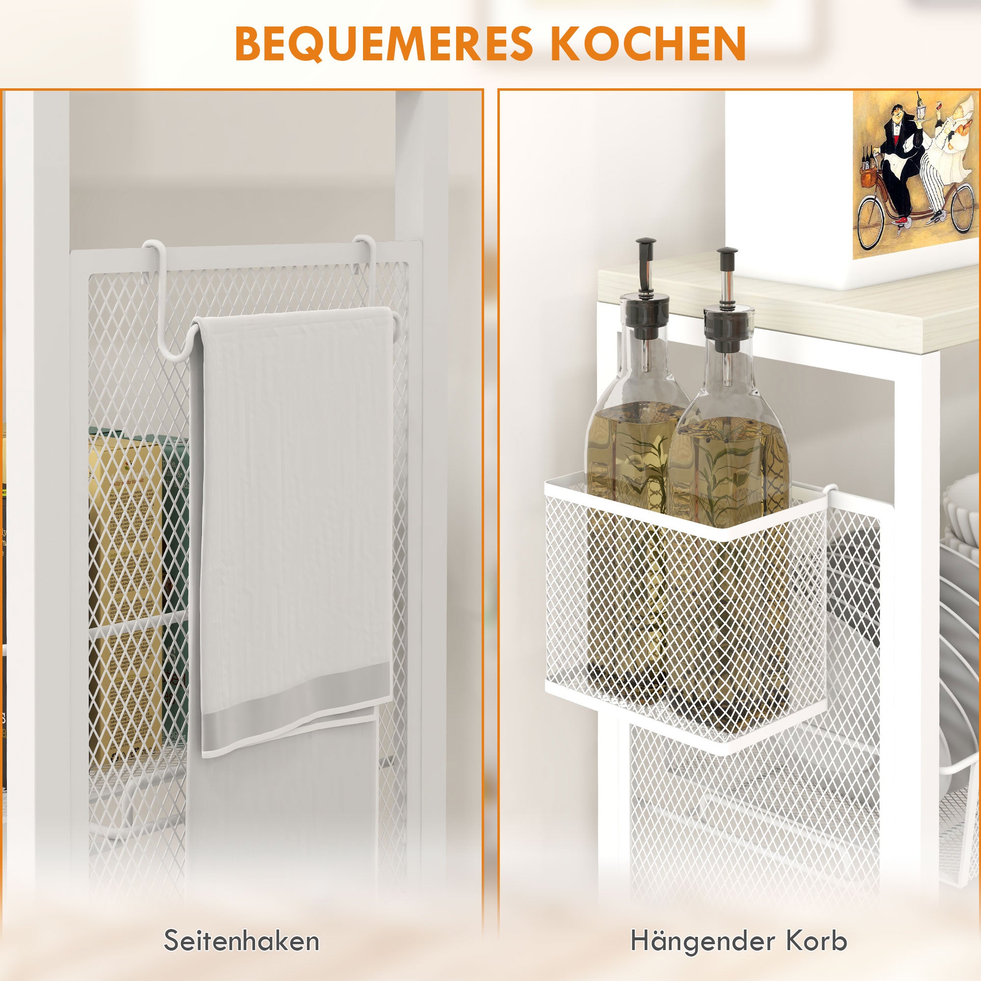 HOMCOM Nischenwagen Mehrzweckwagen Küchenwagen, 3 Regale, Haken, 58 cm x 18,5 cm x 87 cm, Weiß