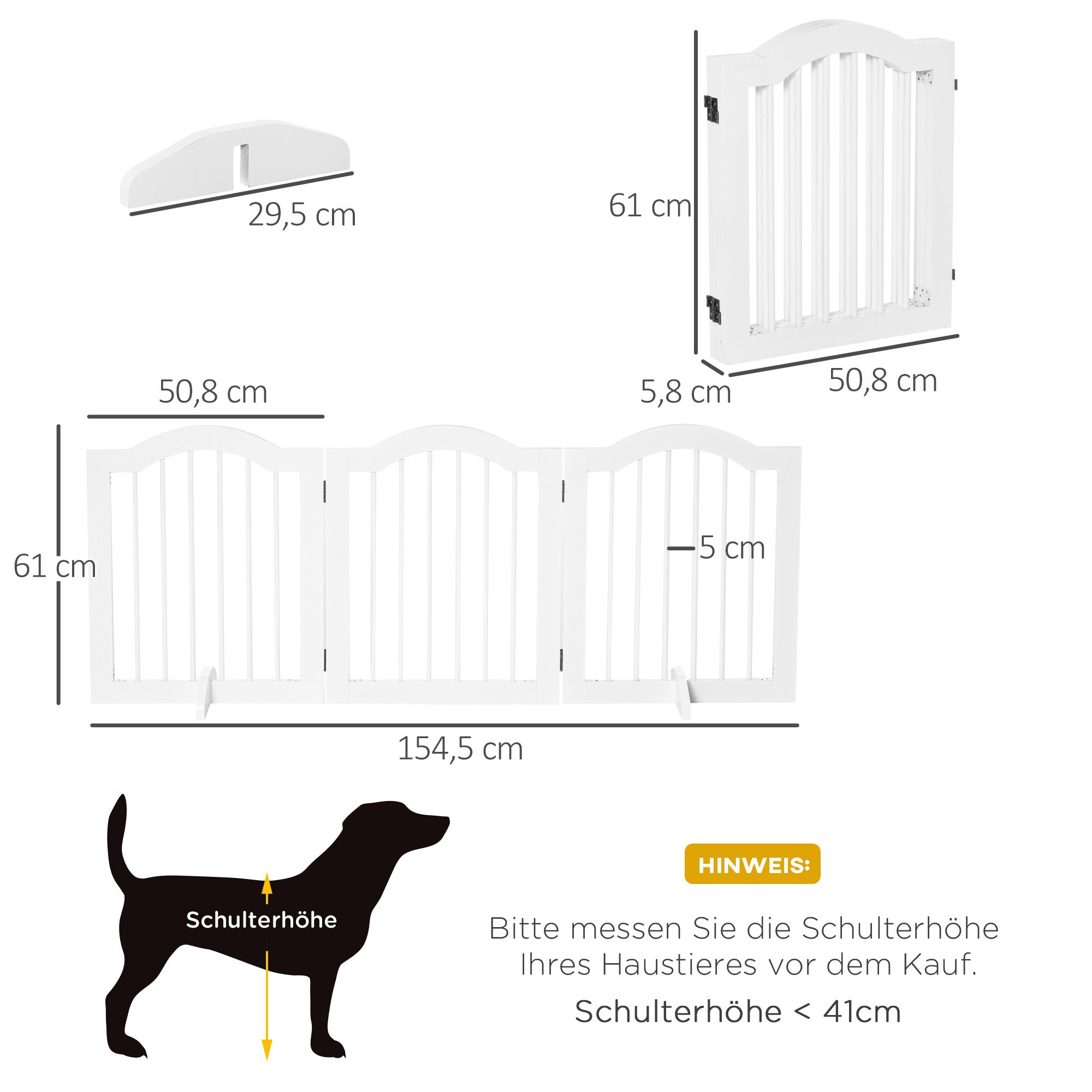 PawHut Absperrgitter Hund 3-teilig, 154,5 x 61 cm Faltbar Hundegitter mit Tür, Türschutzgitter mit 2 Stützfüßen, Freistehend Treppengitter für Küche, Flur, Weiß