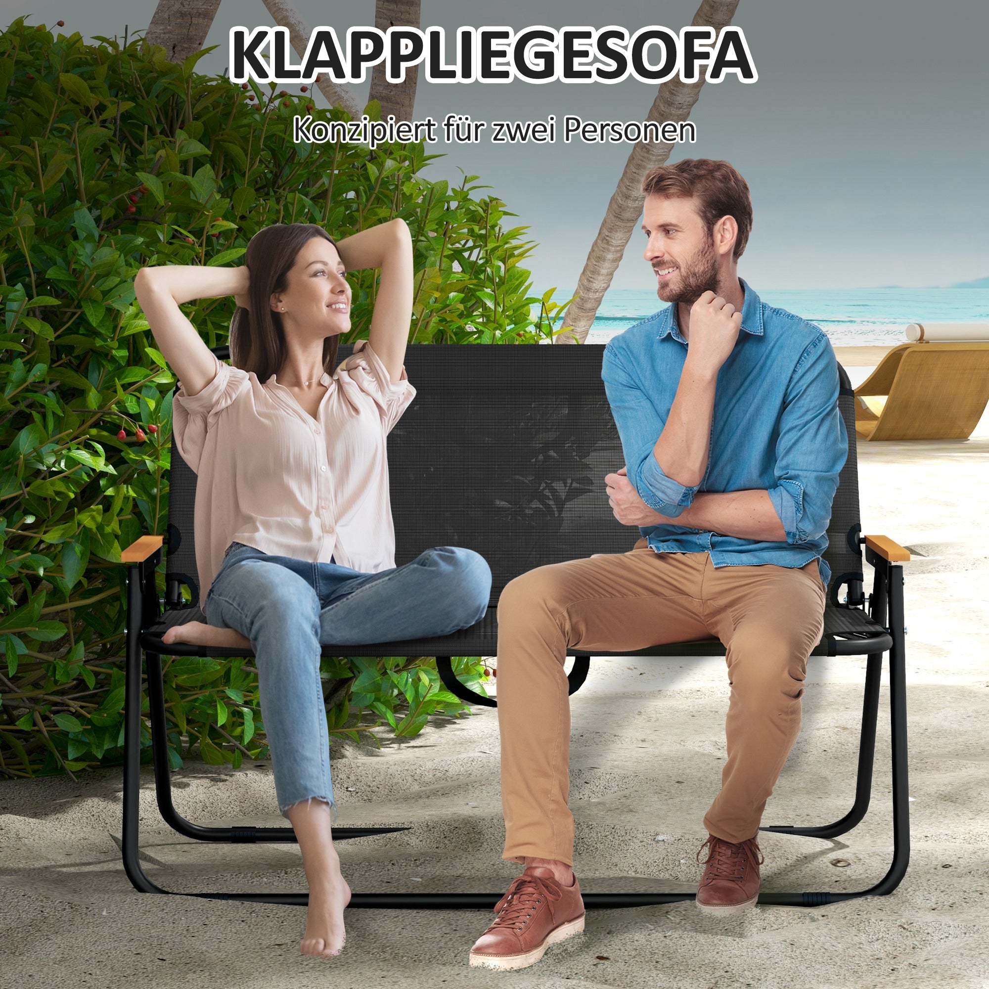 Outsunny Klappstuhl, atmungsaktiv, Holz-Kunststoff-Armlehnen, 108x65x73cm, Schwarz-Natur