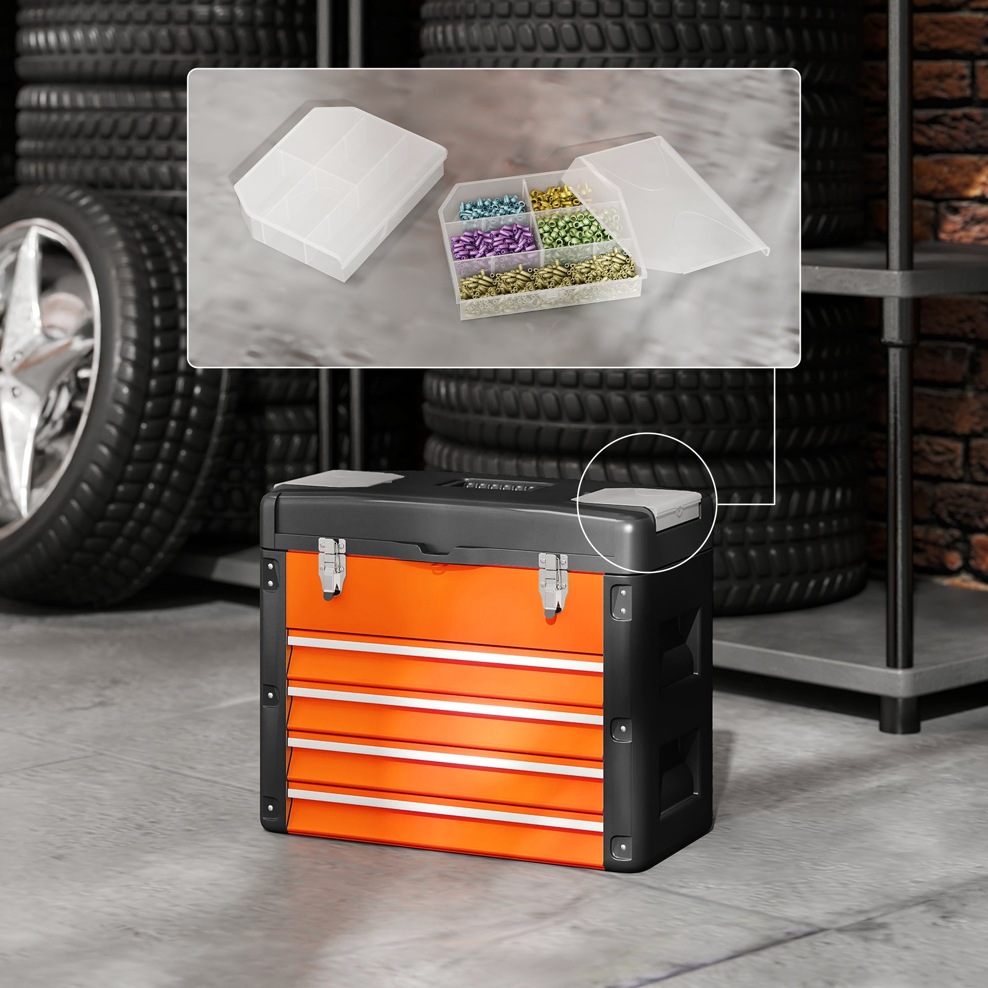 HOMCOM Werkzeugkiste leer, 49,7 x 25,3 x 40,7 cm Werkzeugkasten mit 4 Schubladen, Mini-Box Stahl Orange