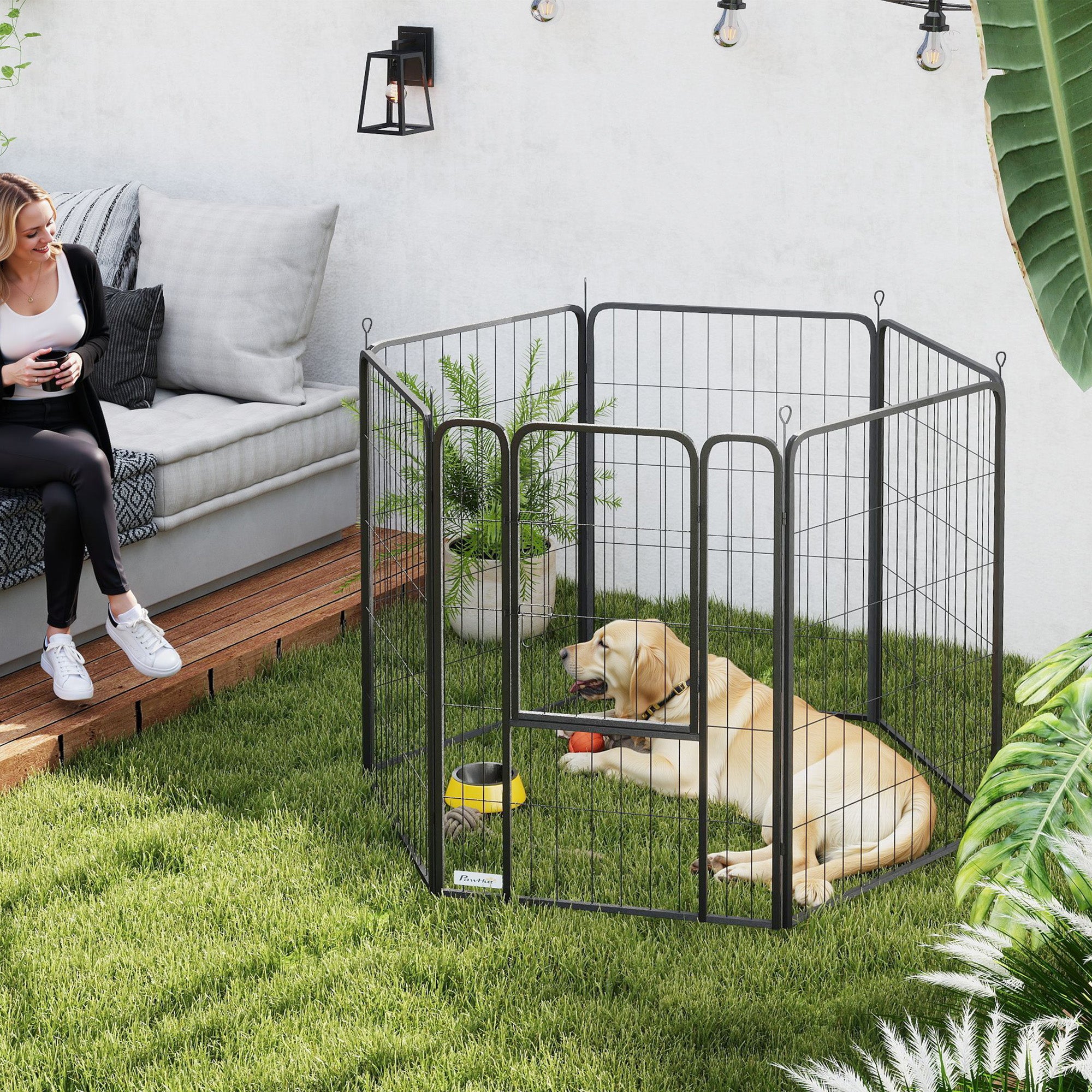 PawHut Laufstall für Hunde mit 6 Paneelen, robust, mit sicherer Tür, für drinnen und draußen, für Garten, Camping, 100 cm hoch