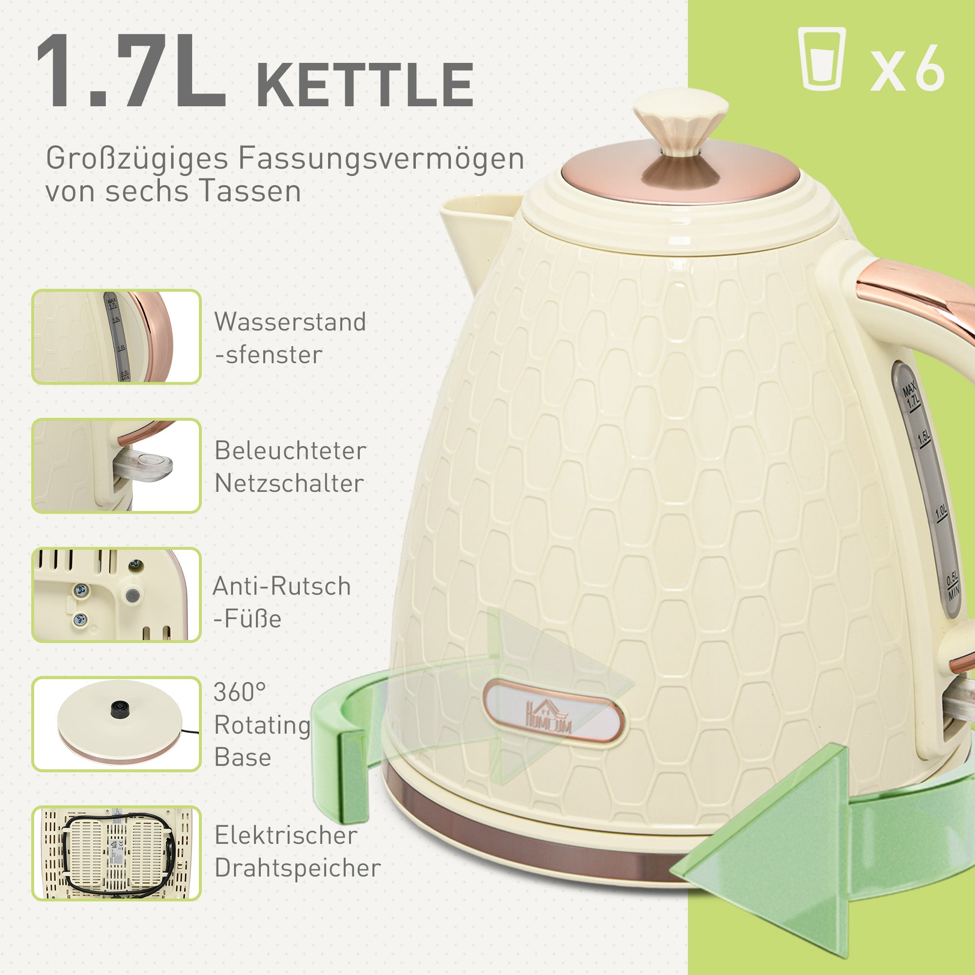 HOMCOM 2-in-1 Küchenset, Toaster und Wasserkocher, mehrere Optionen, 1,7 L, 4 Toastscheiben gleichzeitig, Kunststoff, Beige