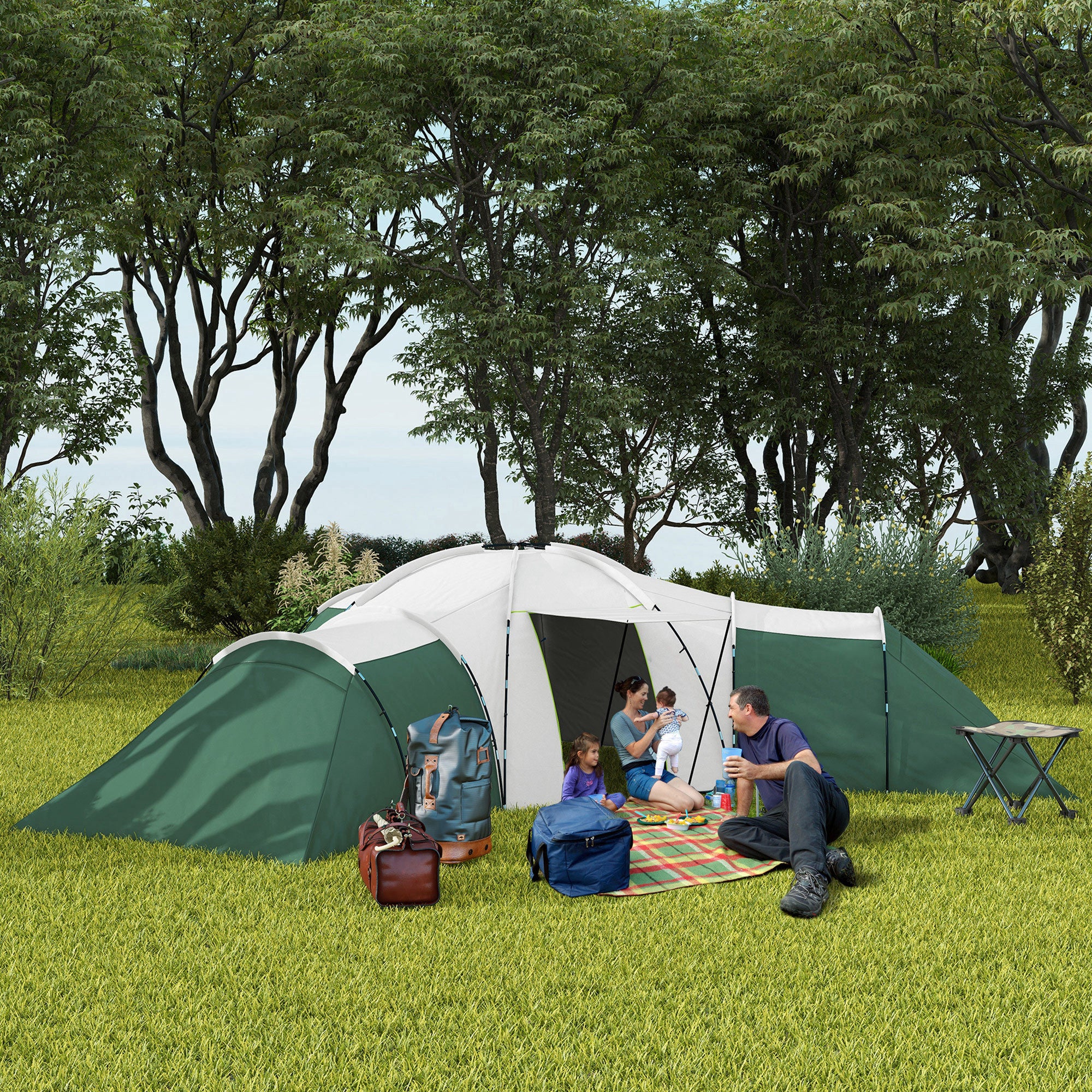 Outsunny Campingzelt für 6-9 Personen, 4 Räume, Vorzelt, wasserdicht, 615x 615x225cm, Grün