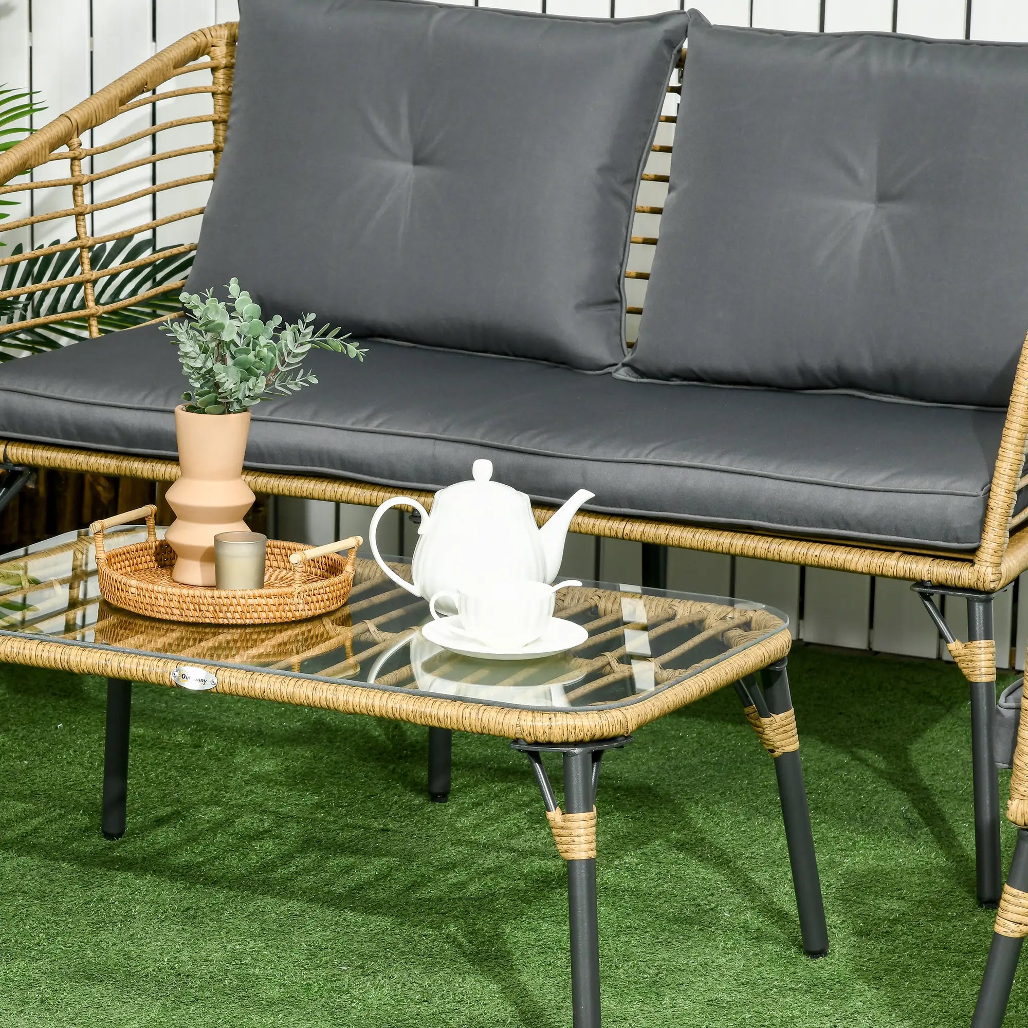 Outsunny Gartenmöbel-Set für 4 Personen, Rattan Sitzgarnitur mit Kissen, Balkonmöbel im Boho-Stil, Sand+Dunkelgrau