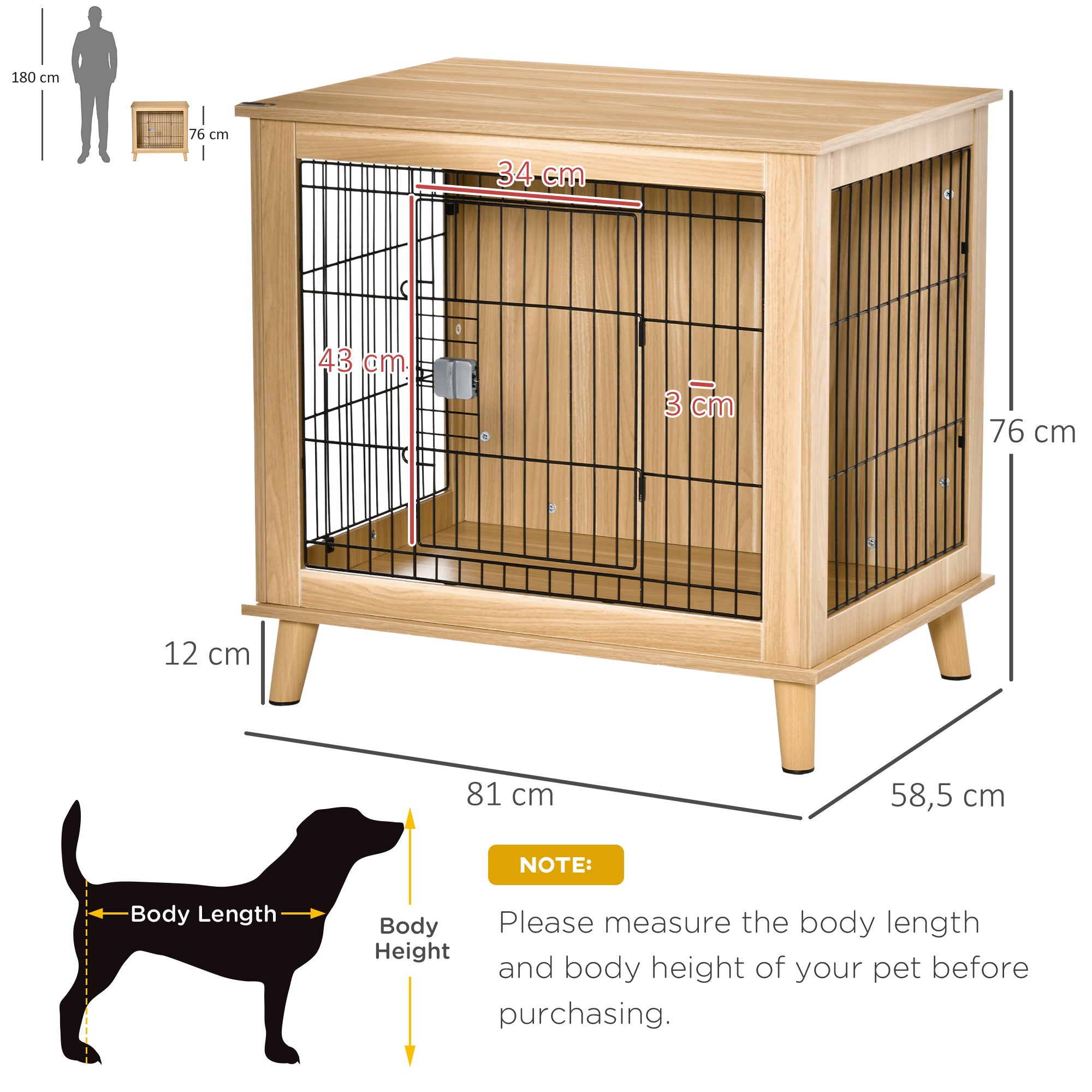PawHut Transportbox aus Holz, Hundebox 81 cm x 58,5 cm x 76 cm Eiche Stahl Braun + Schwarz