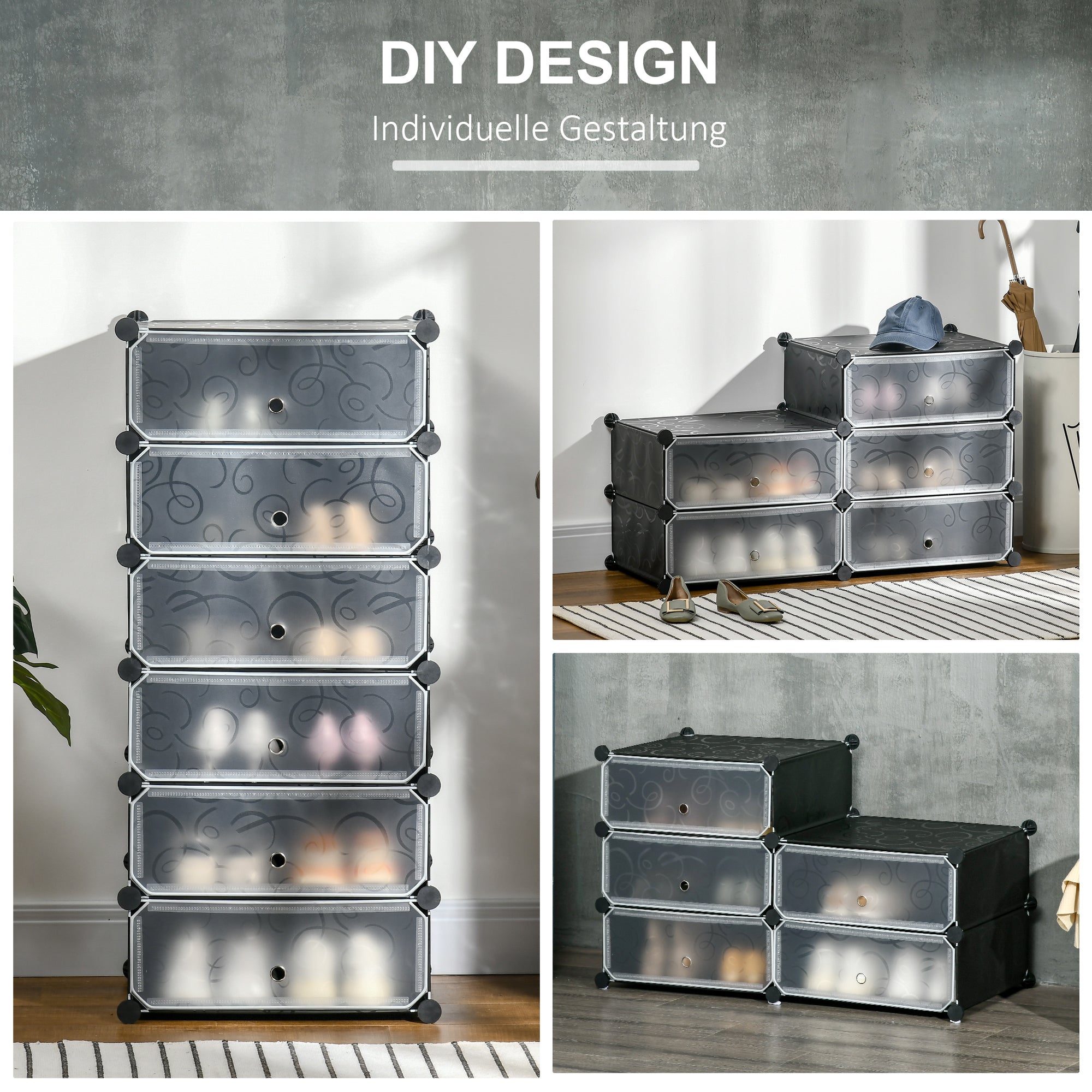 HOMCOM Modulares Regalsystem für 6 Paar Schuhe, 49 cm x 36,5 cm x 108 cm, Schwarz