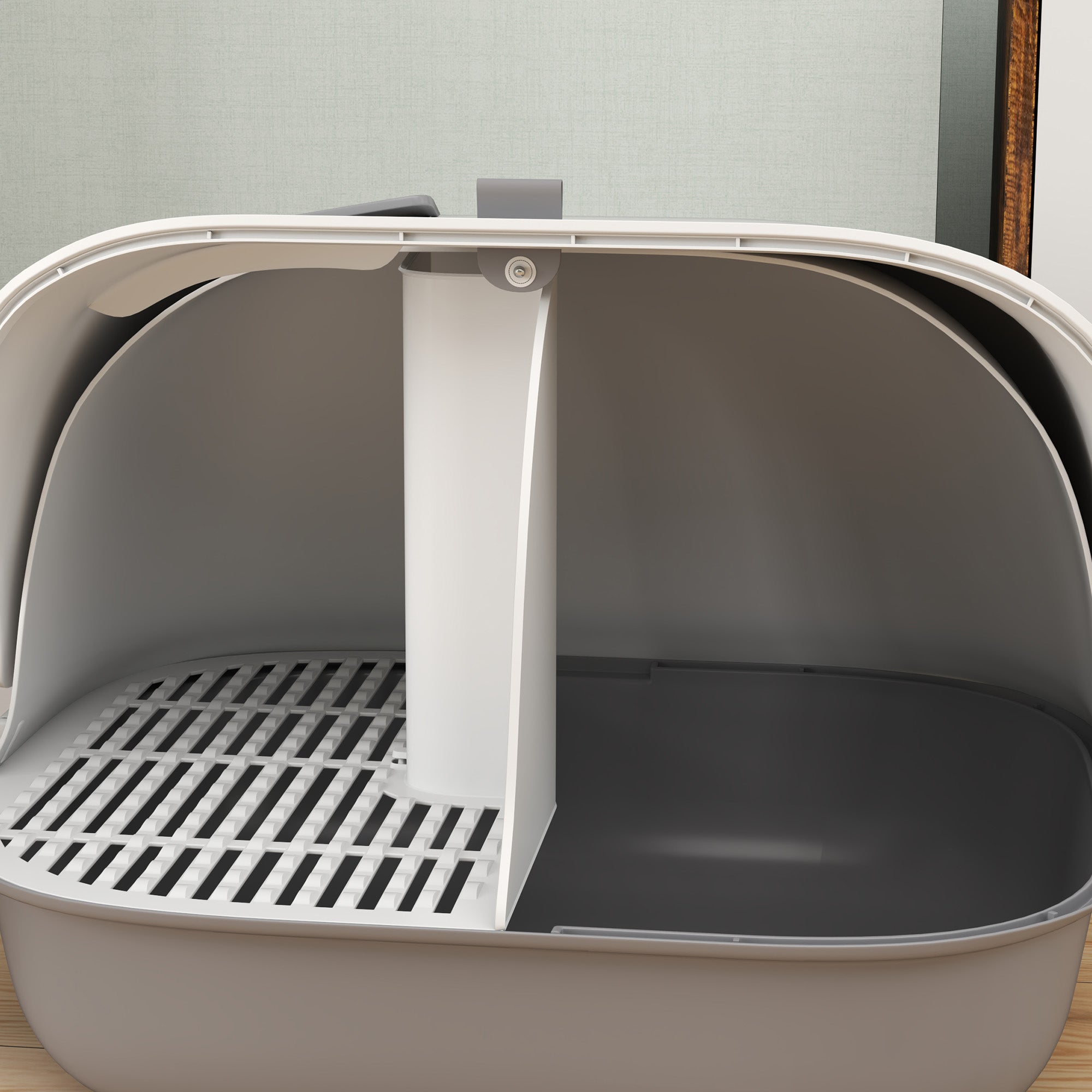 PawHut Katzentoilette mit Deckel, Katzenklo mit internem Kanal, Tür, Schaufel, leicht zu reinigen, Kunststoff, Hellgrau