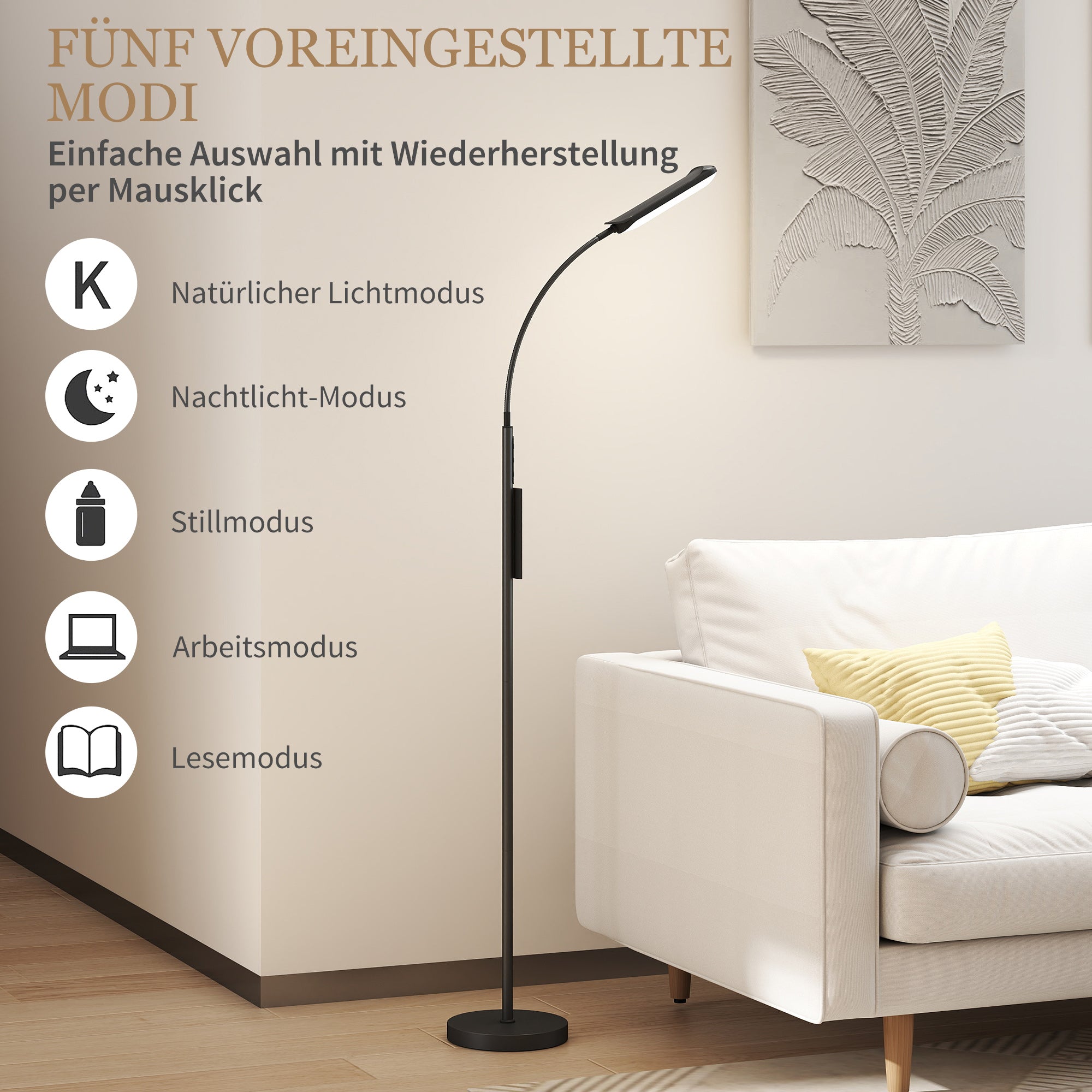 HOMCOM LED-Stehlampe, 5 Modi, Speicherfunktion, verstellbare Helligkeit, Stahl, Schwarz