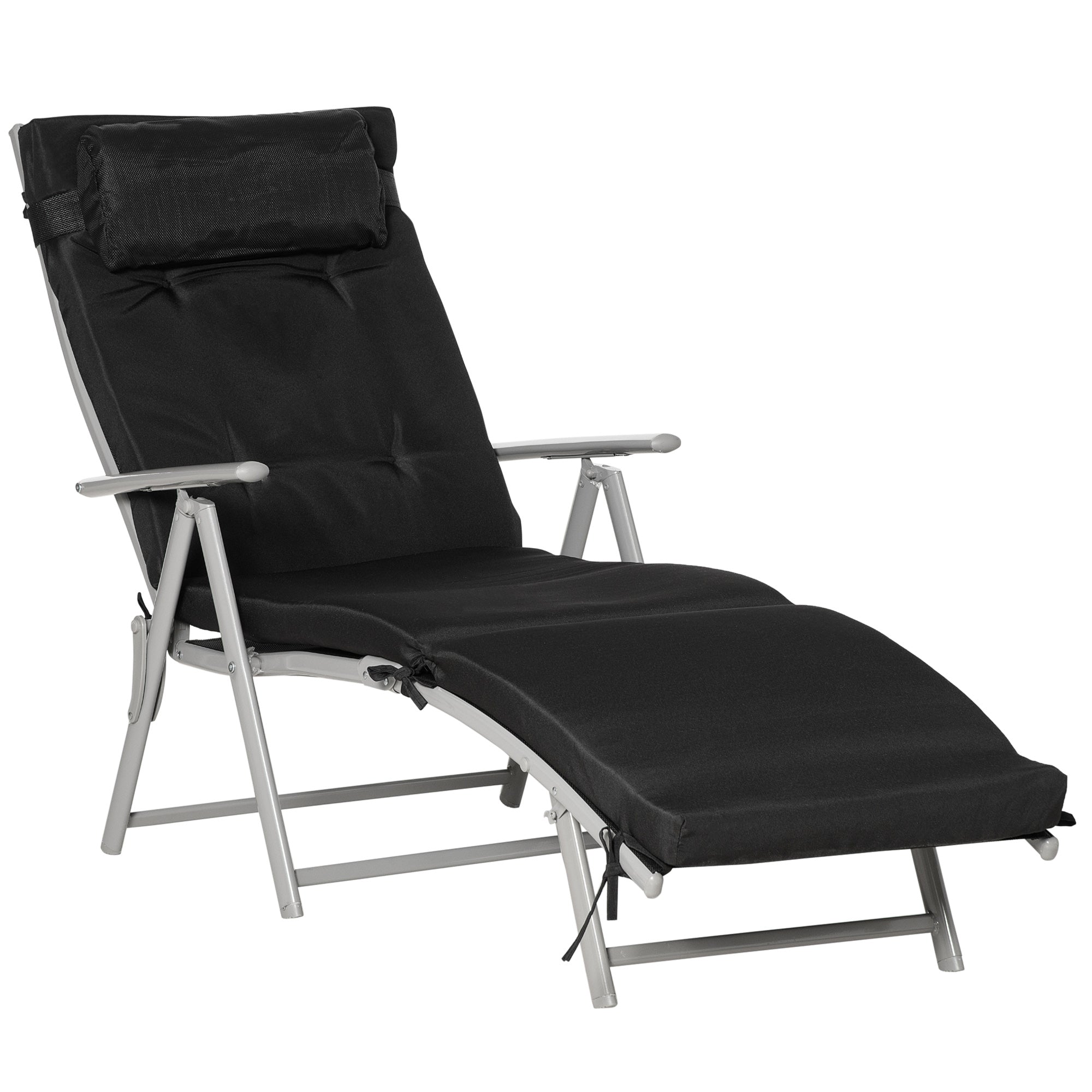 Outsunny Sonnenliege klappbar Strandliege mit Kopfkissen Sitzkissen Liegestuhl mit 7-Fach verstellbare Rückenlehne Gartenliege Relaxliege bis 165 kg belastbar, für Garten Urlaub Outdoor, Schwarz