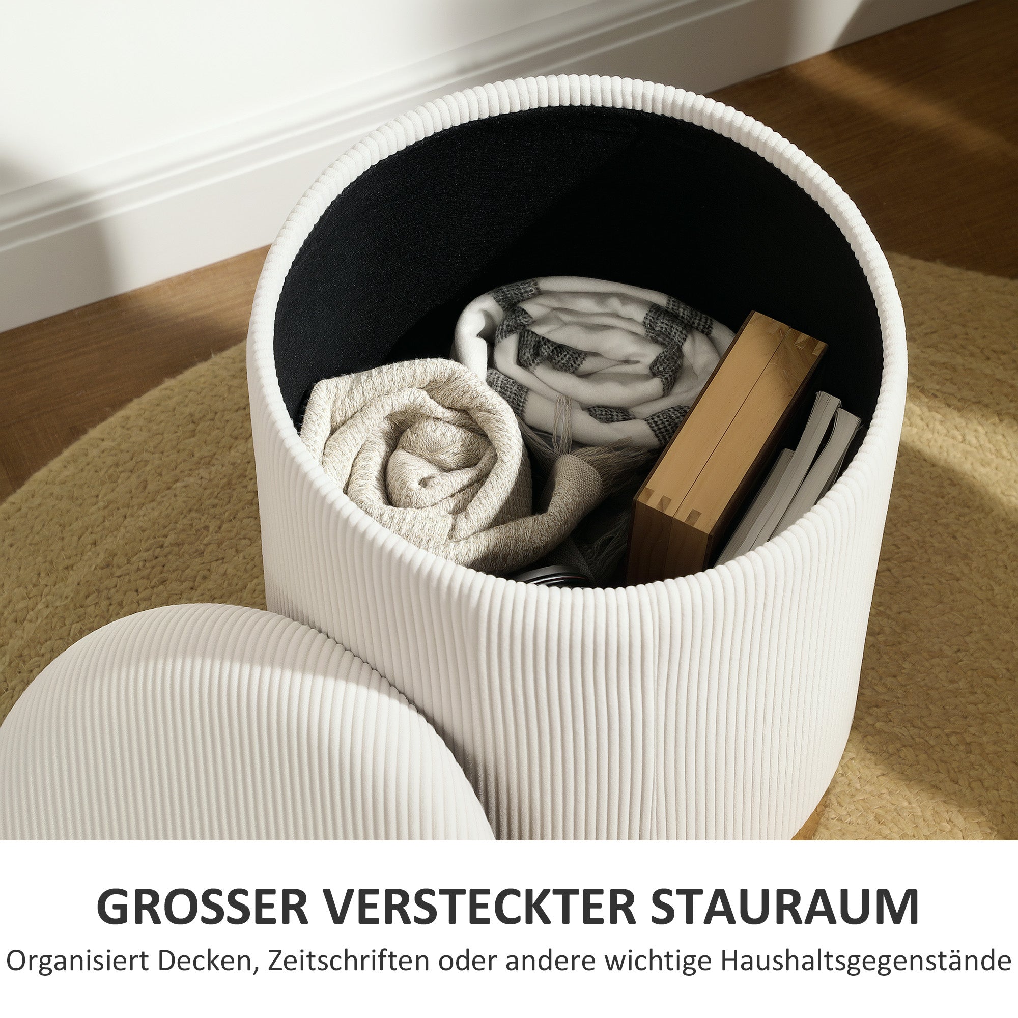 HOMCOM Sitzhocker mit Stauraum klappbare Hocker mit Deckel, Stahlboden, Runder Fußhocker 36 x 36 x 44 cm Cremeweiß