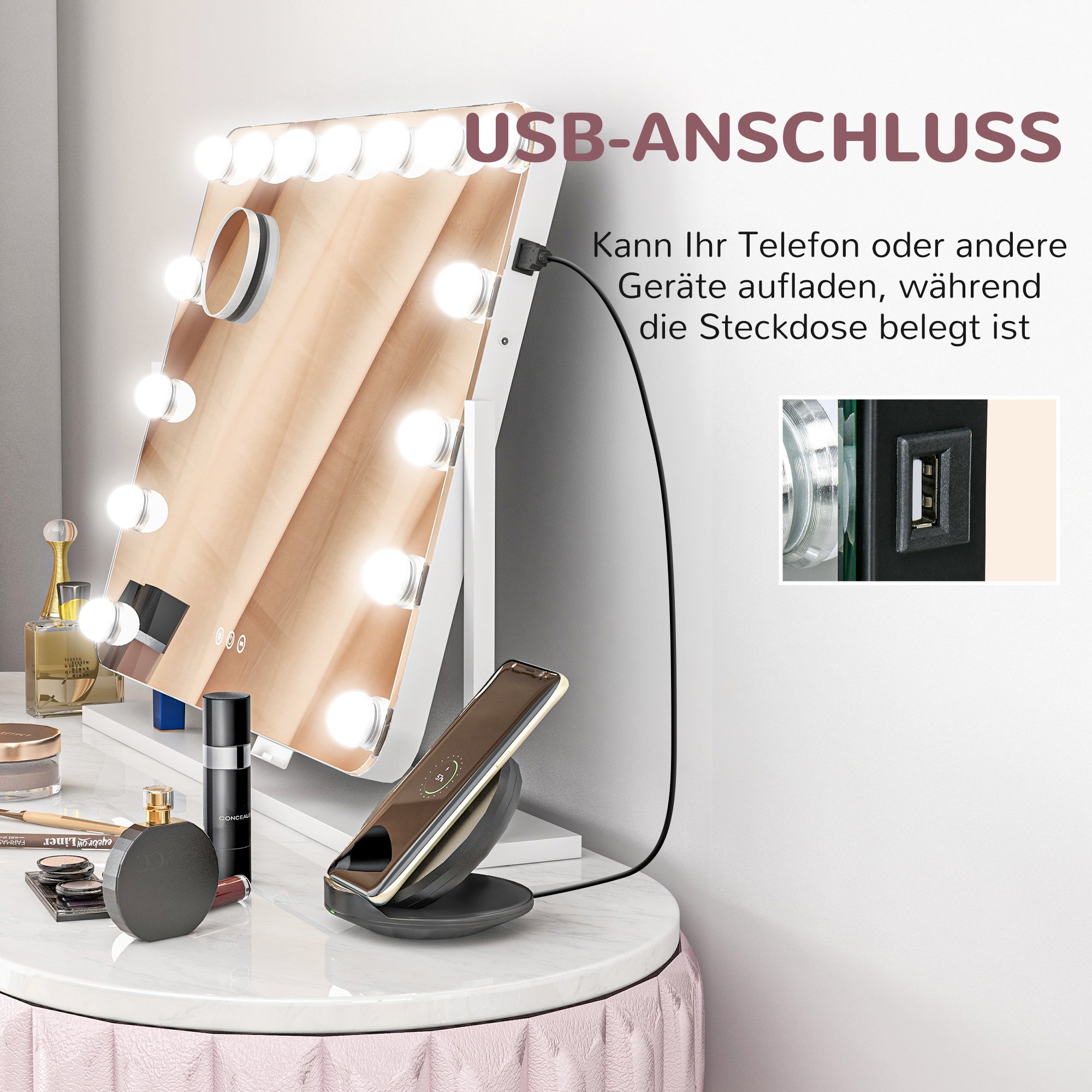 HOMCOM LED-Kosmetikspiegel, 3 Lichtmodi, dimmbar, Touchsteuerung, USB, 62,5 x 49,5cm, Weiß