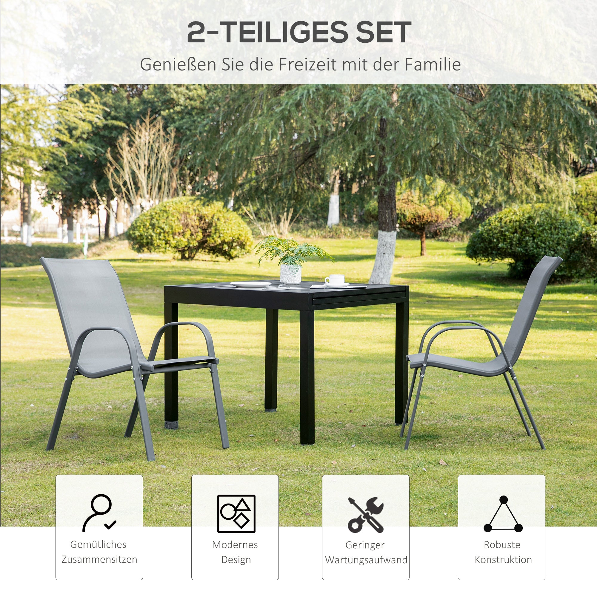 Outsunny Gartenstuhl 2er Set wetterfest Gartenstühle Stapelstuhl mit Armlehne Rückenlehne stapelbar Terrassenstuhl bis 120 kg belastbar Gartenmöbel für Hinterhof, Garten, Balkon Grau
