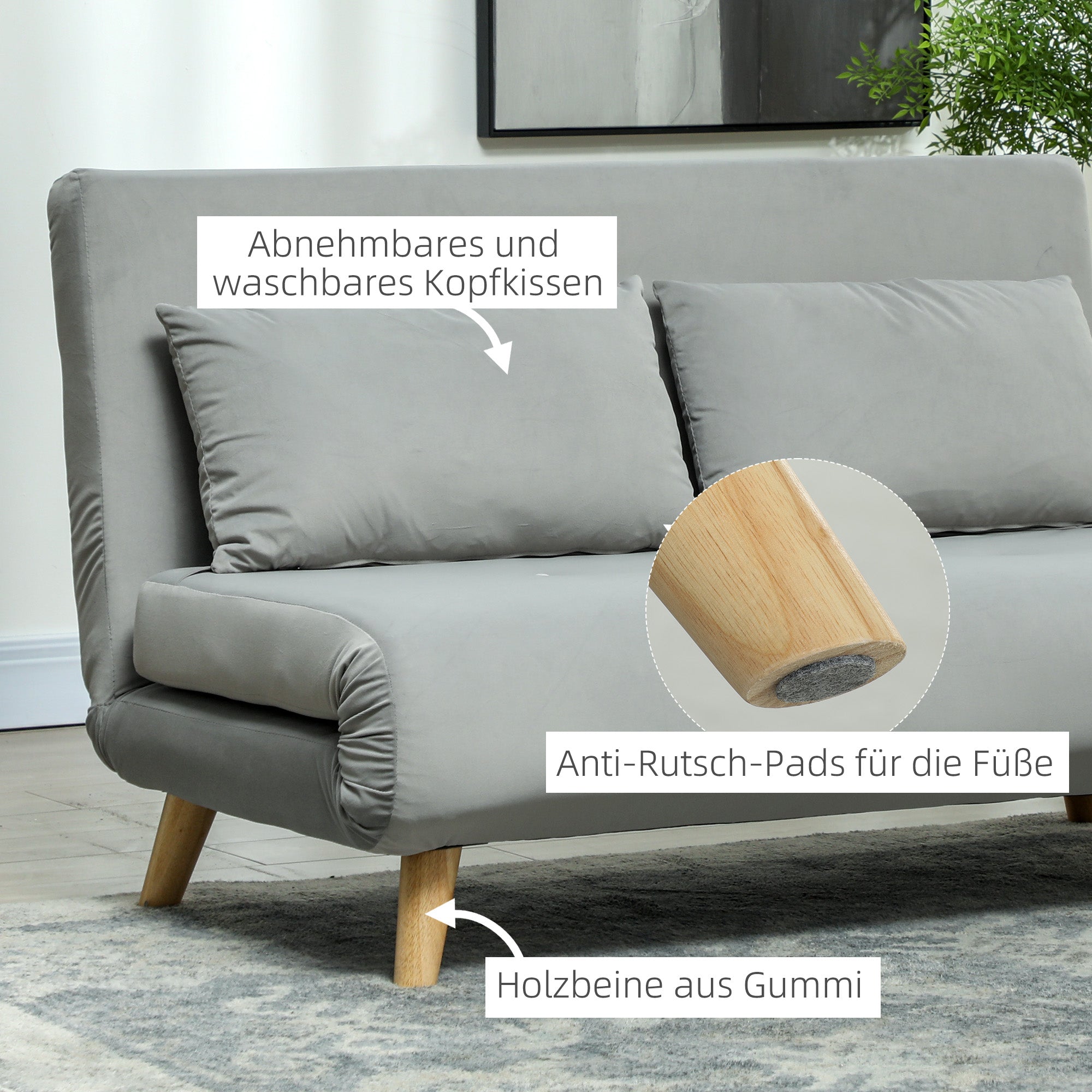 HOMCOM Schlafsofa Relaxsofa Sofa Couch, inkl. 2 Kissen, Samtoptik, 130 x 78 x 79 cm, Hellgrau