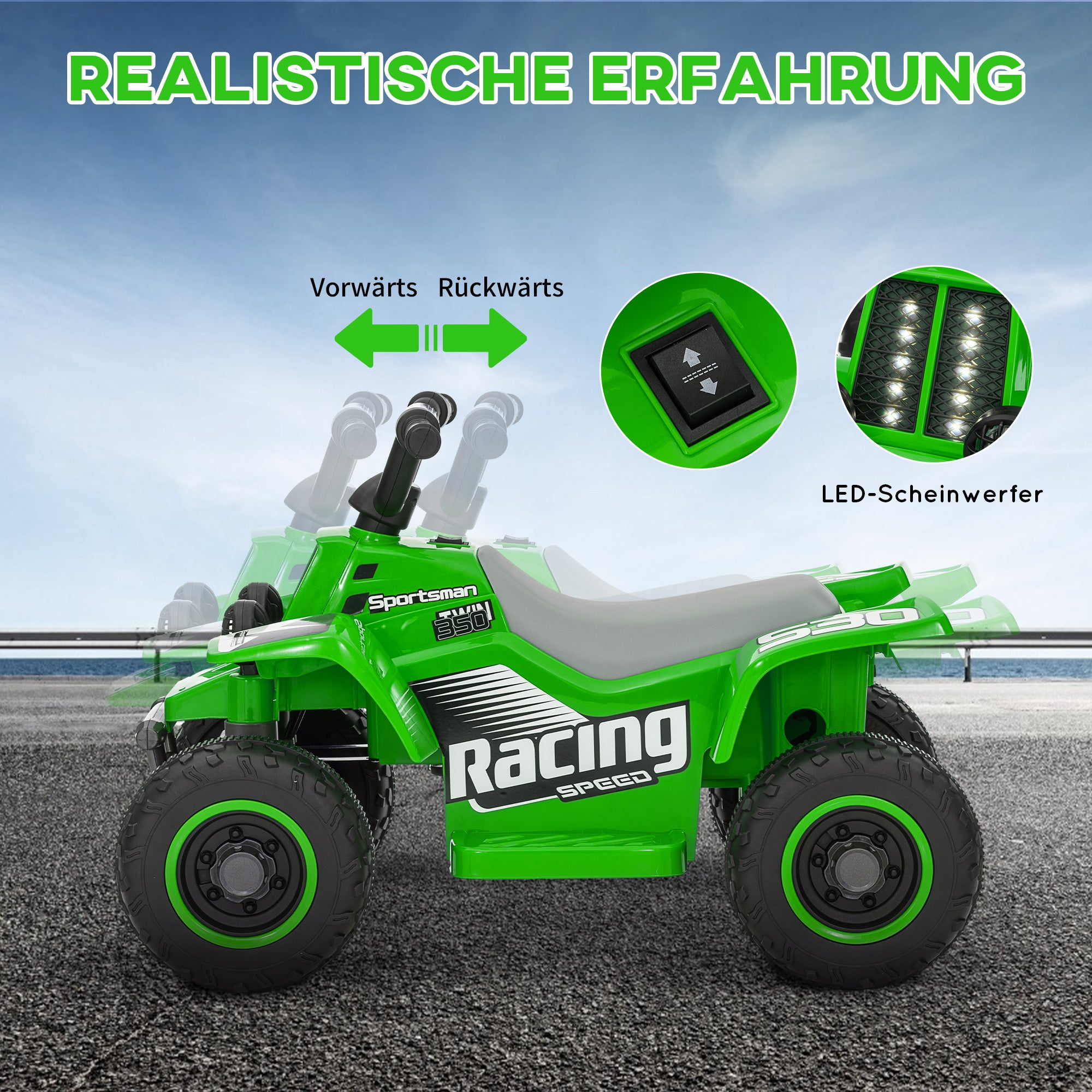 AIYAPLAY Elektrisches Quad Bike für Kinder, batteriebetrieben, fährt vorwärts und rückwärts, LED-Lichter, 18-36 Monate, Grün