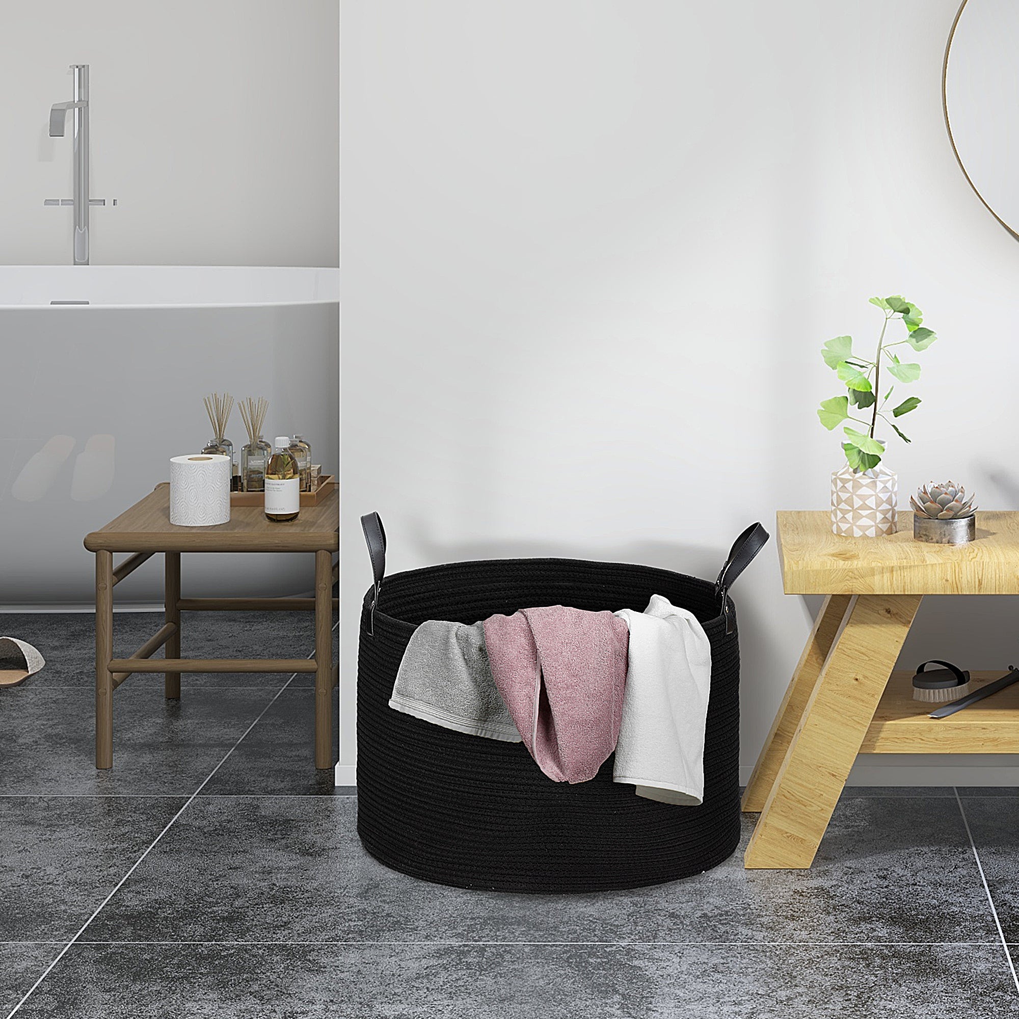 HOMCOM Wäschesack, 88L, tragbar, faltbar, Kunstledergriffe, Baumwolle, Ø56 x 35,5H cm, Schwarz