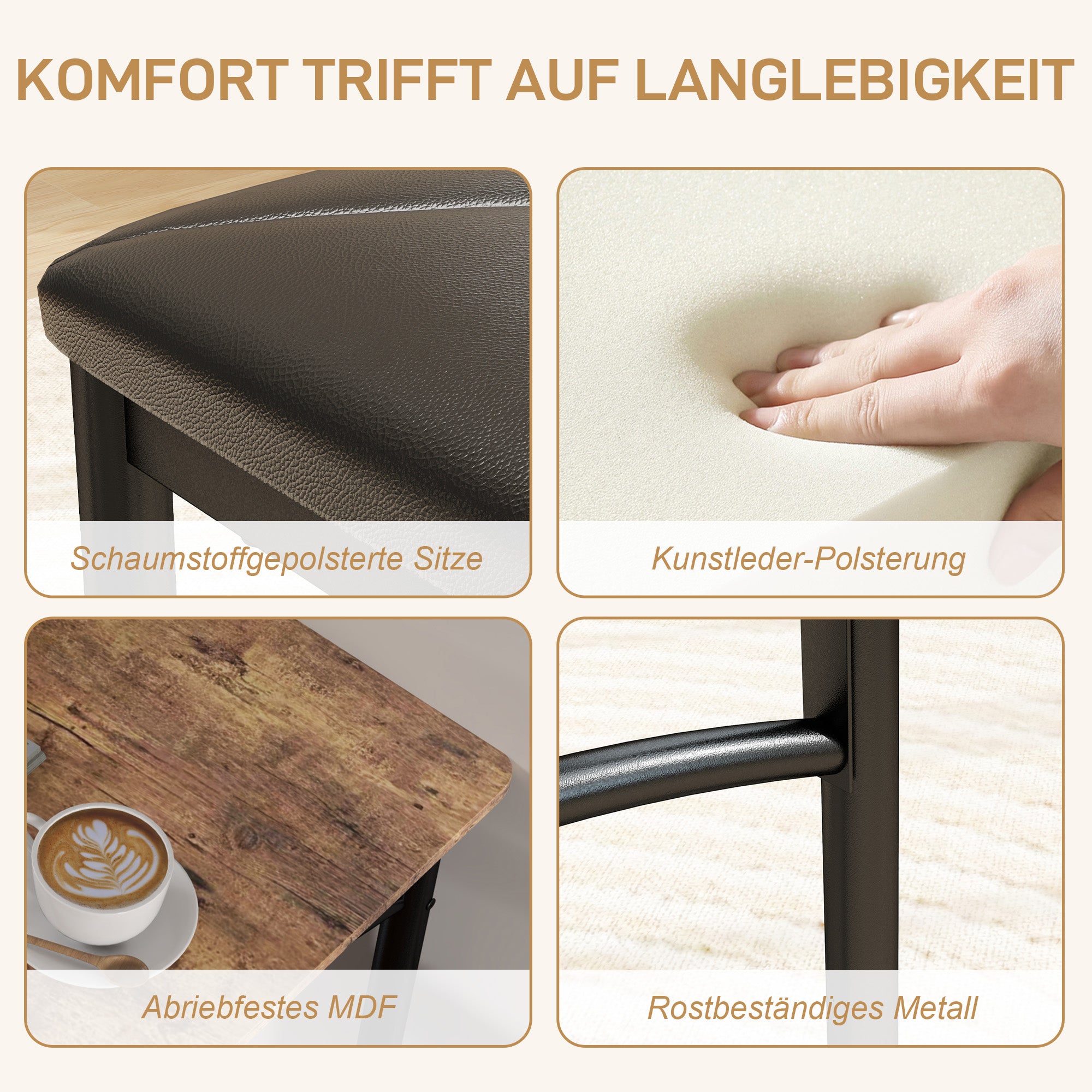 HOMCOM 4-teiliges Esszimmer-Set, Platzsparendes Set aus Tisch, 2 Stühlen und Bank, für kleine Räume, Metall, Holz, Braun