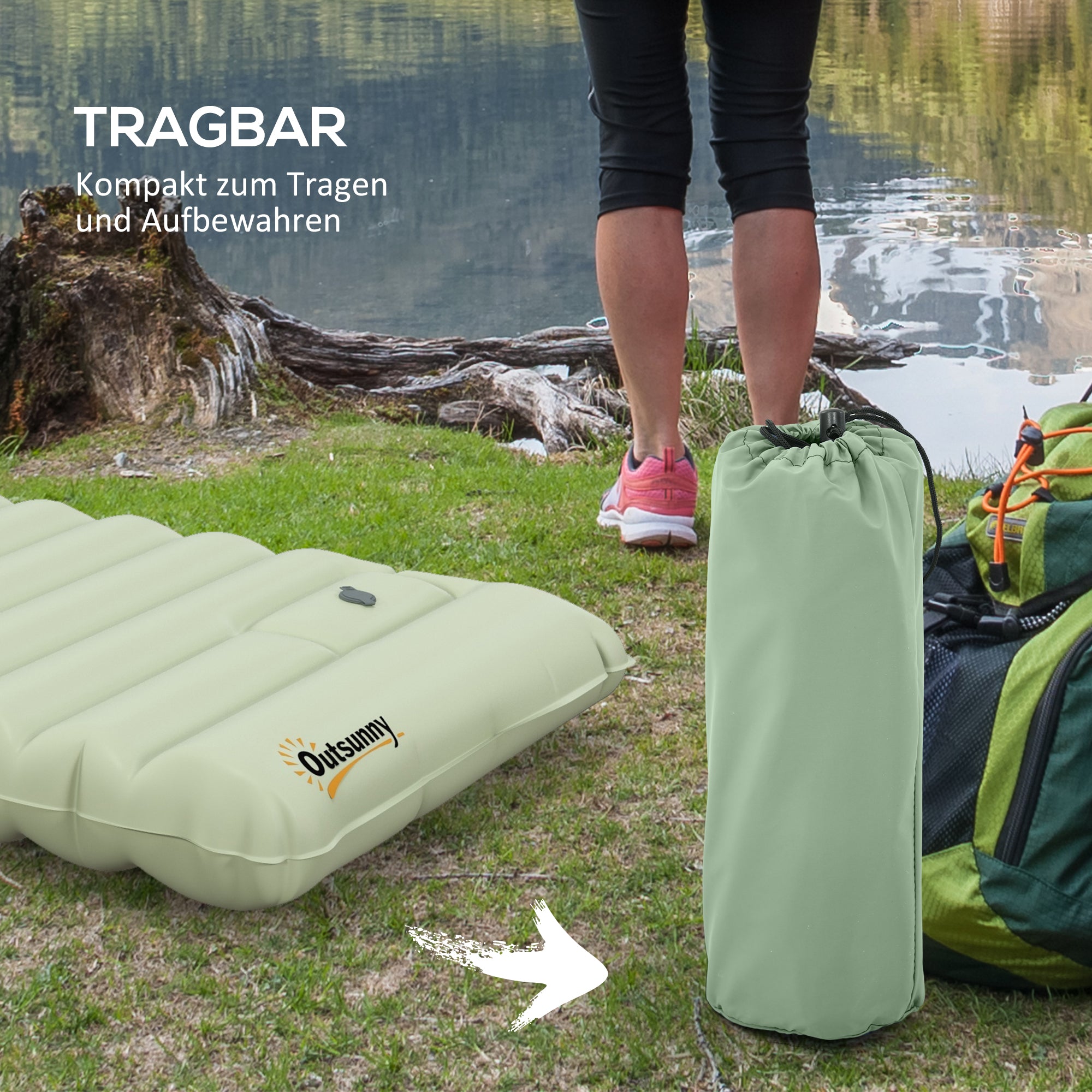 Outsunny Luftmatratze, Campingmatte, wasserabweisend, reißfest, mit Fußpumpe, Nylon, 200L x 60B x 10H cm, Grün