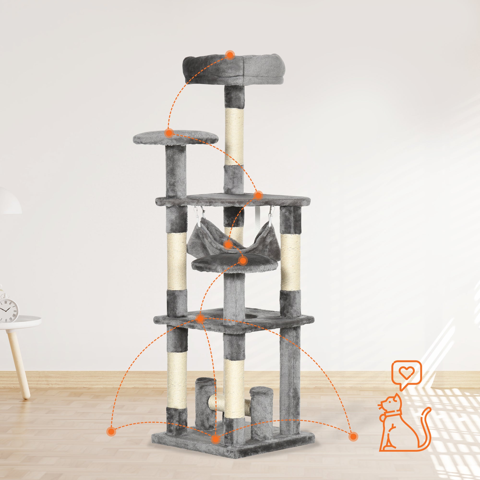 PawHut Katzenbaum Katzenkratzbaum Katzenspielturm Katzen Kletterbaum Kratzbaum Hängematte Grau L40 x B40 x H132 cm