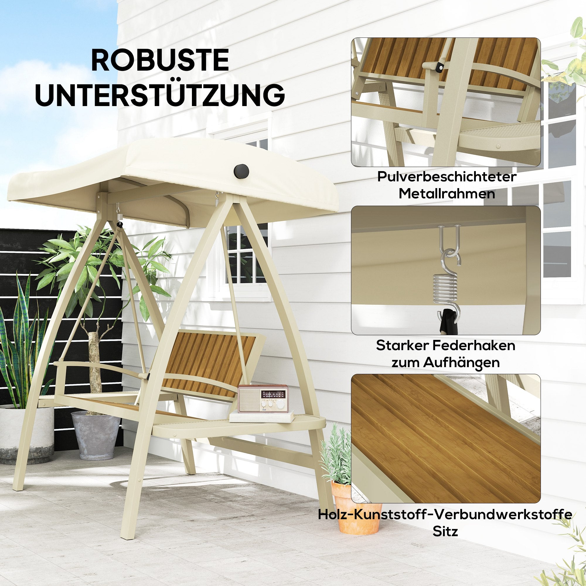Outsunny Hollywoodschaukel 2-Sitzer Gartenschaukel mit verstellbarem Sonnendach, Seitentisch 200 x 120 x 190cm, Beige