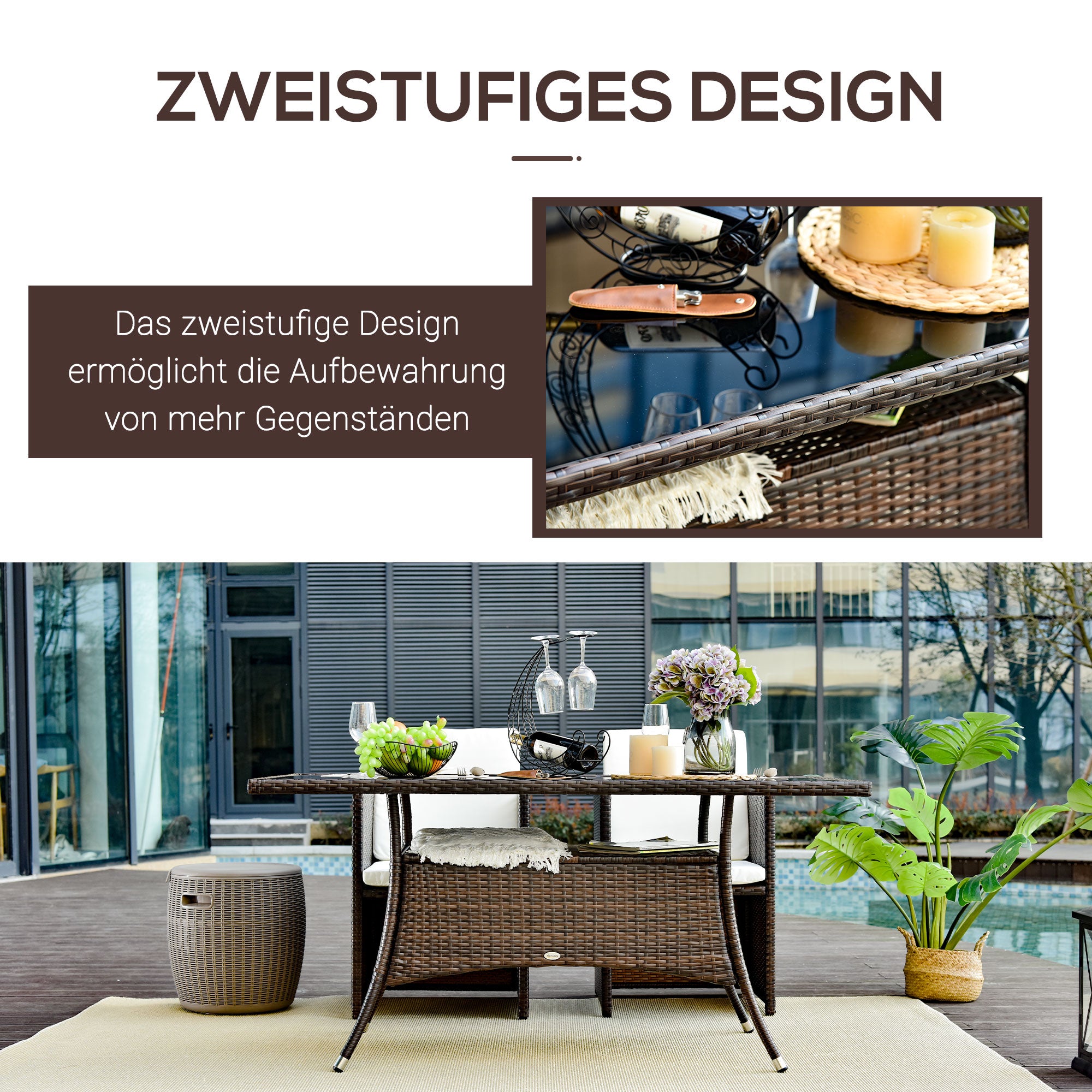 Outsunny Gartentisch Glastisch Esstisch Gartenmöbel Tisch, Polyrattan+Sicherheitsglas, Braun+Schwarz, 150x85x74cm