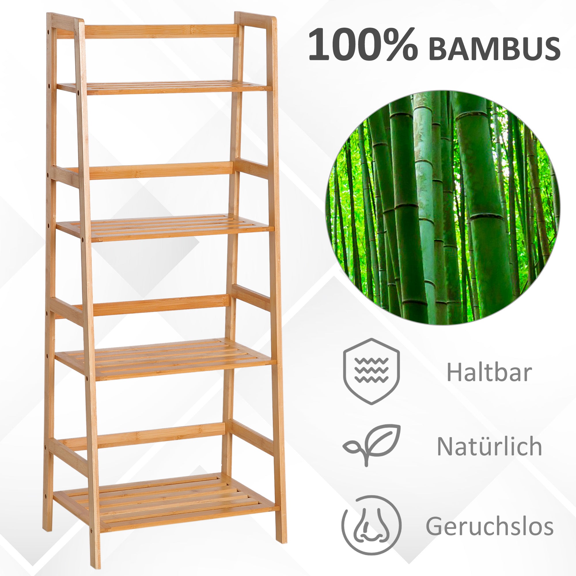 HOMCOM Bücherregal, 4 Ebenen, Leiterdesign, Bambusholz, Natur