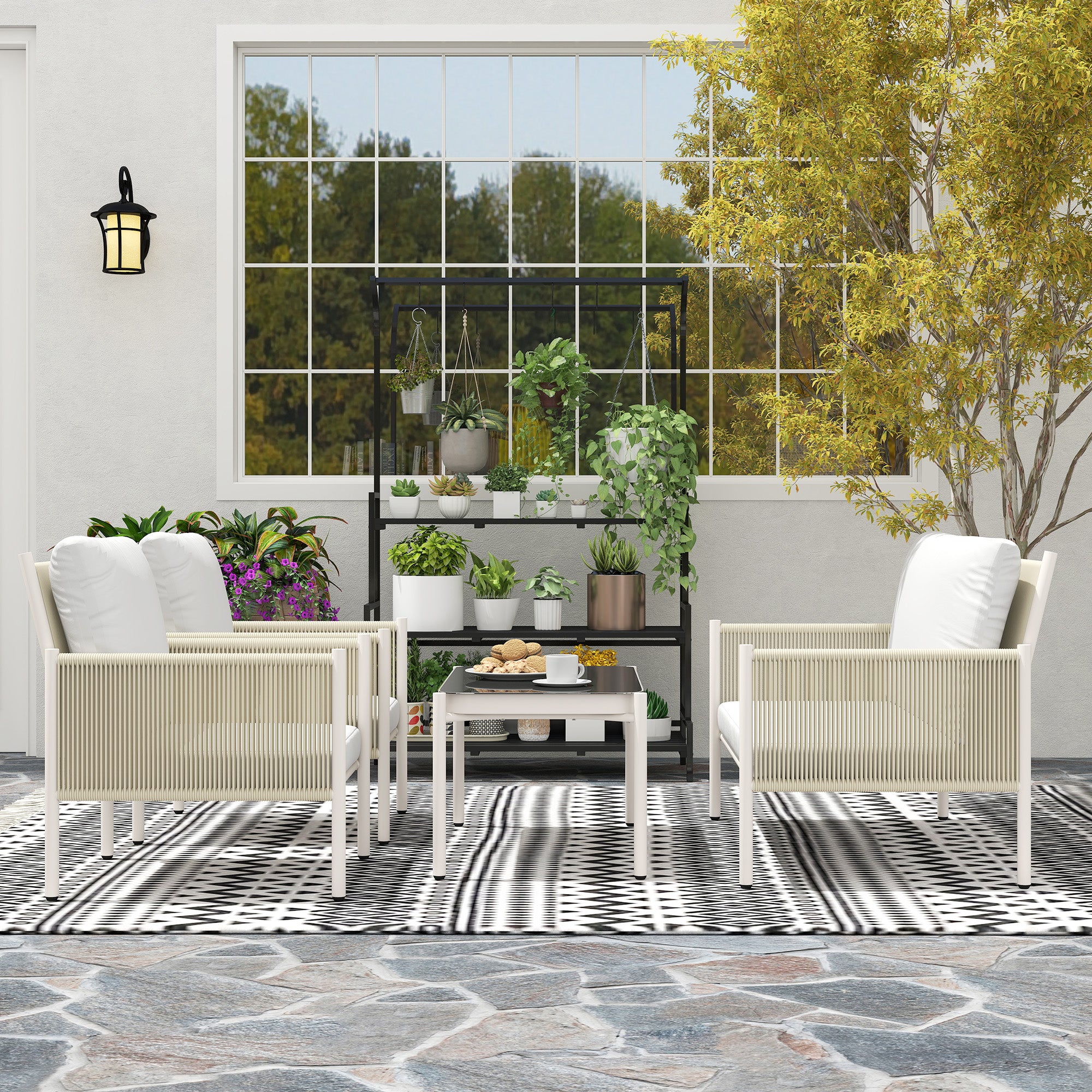 Outsunny Gartenmöbel Set aus Polyrattan Lounge-Set mit 2er Sofa Sessel Glastisch Kissen 4 Personen Braun+Grau