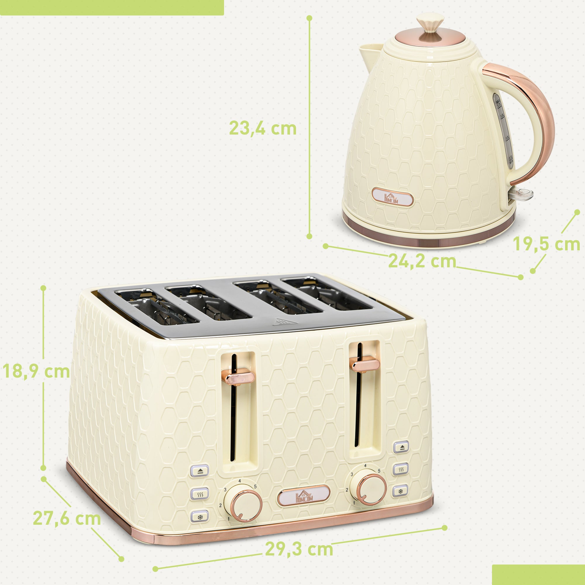 HOMCOM 2-in-1 Küchenset, Toaster und Wasserkocher, mehrere Optionen, 1,7 L, 4 Toastscheiben gleichzeitig, Kunststoff, Beige