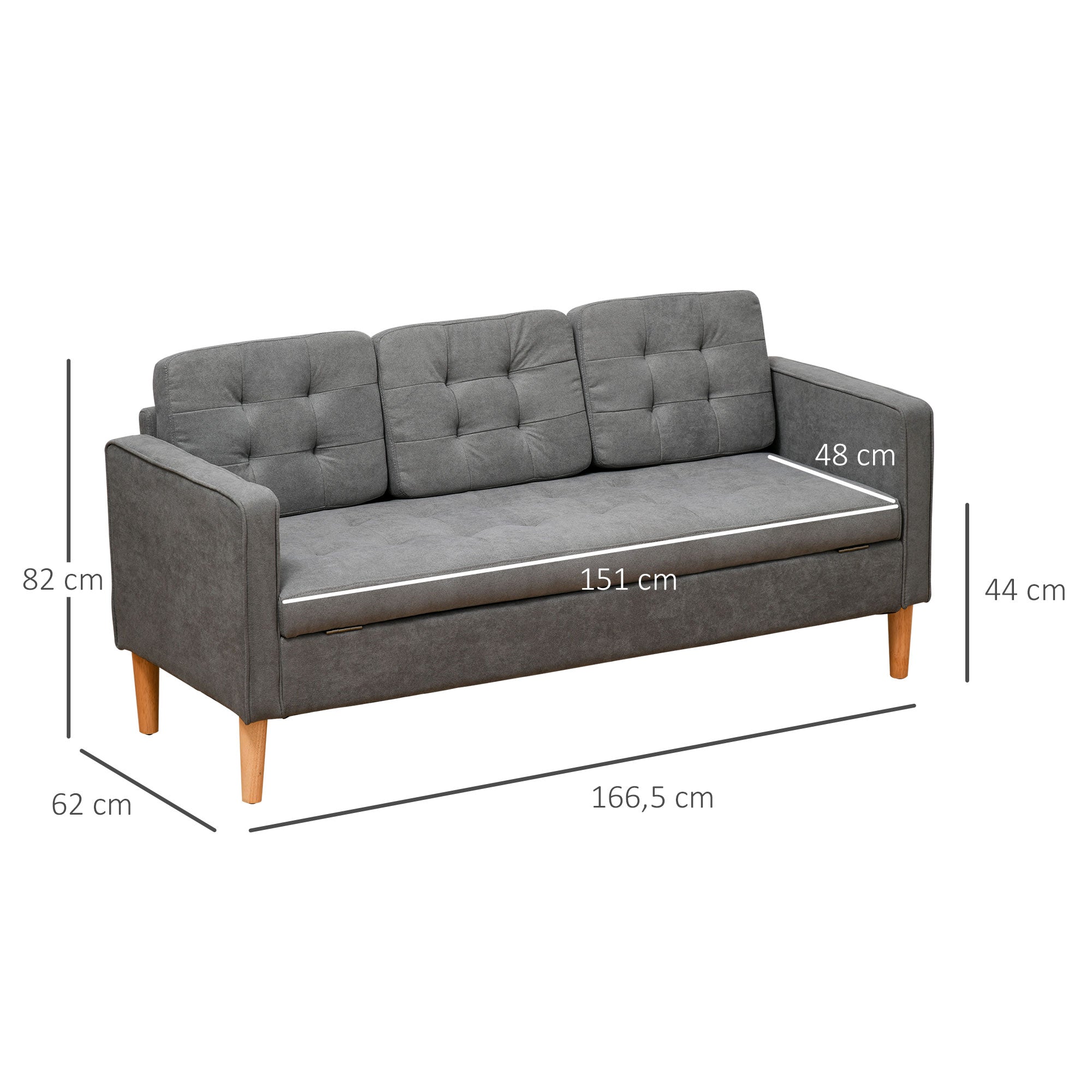 HOMCOM 3 Sitzer Sofa, Couch mit Stauraum, Holzbeine, Gepolsterter Polstersofa mit Samtoptik für Wohnzimmer, Schlafzimmer, 166,5 x 62 x 82 cm, Grau