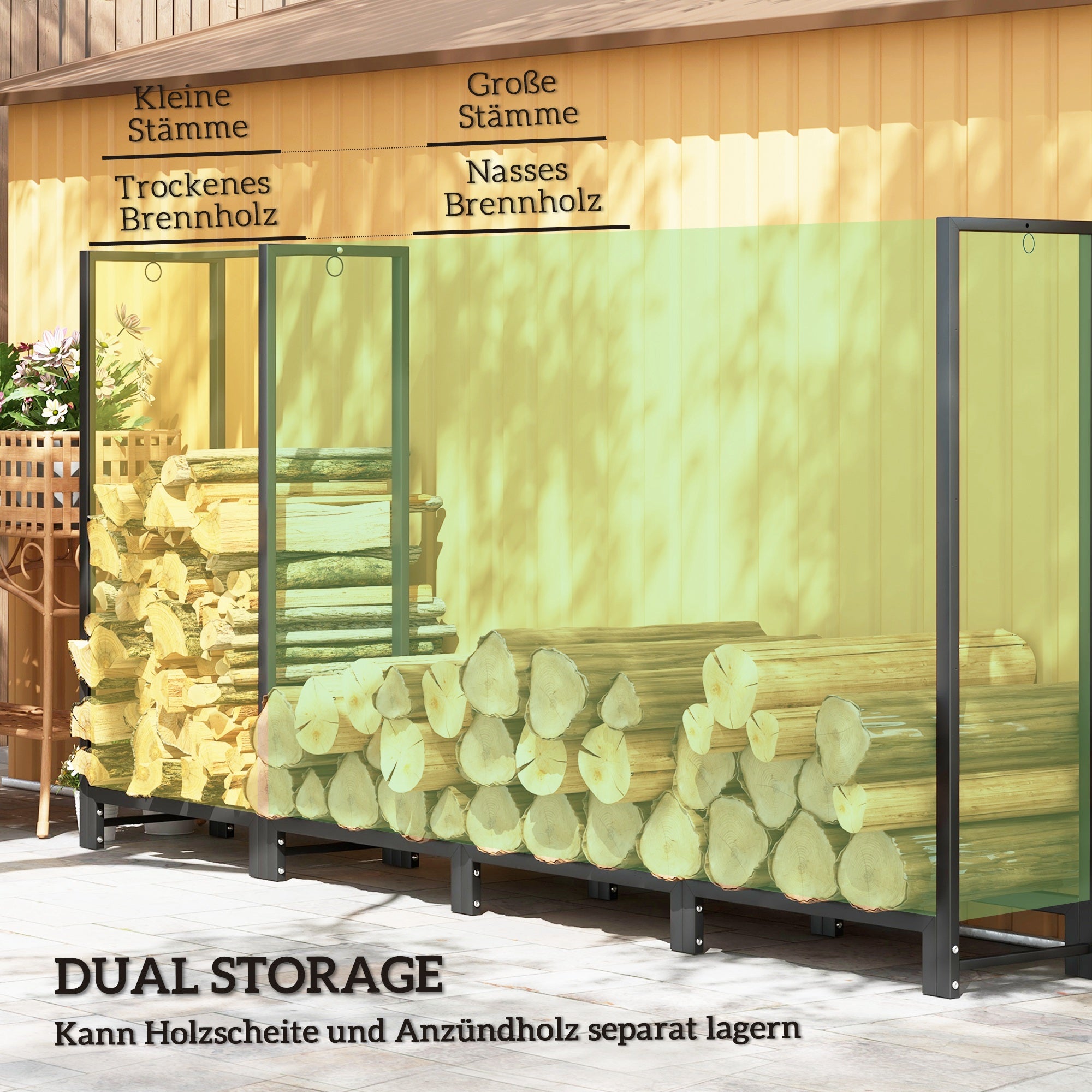Outsunny Feuerholzgestell, zwei Abschnitte, rostfreier Stahlrahmen, bis 300 kg, 240 x 32 x 115 cm, Schwarz
