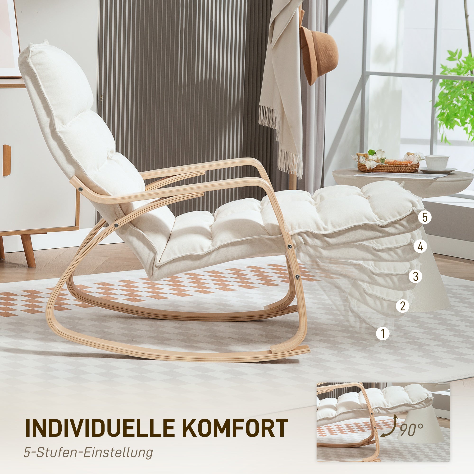 HOMCOM Gepolsterter Schaukelstuhl, Entspannungssessel mit Armlehnen und Stahlrahmen, für Wohnzimmer, Schlafzimmer, Cremeweiß