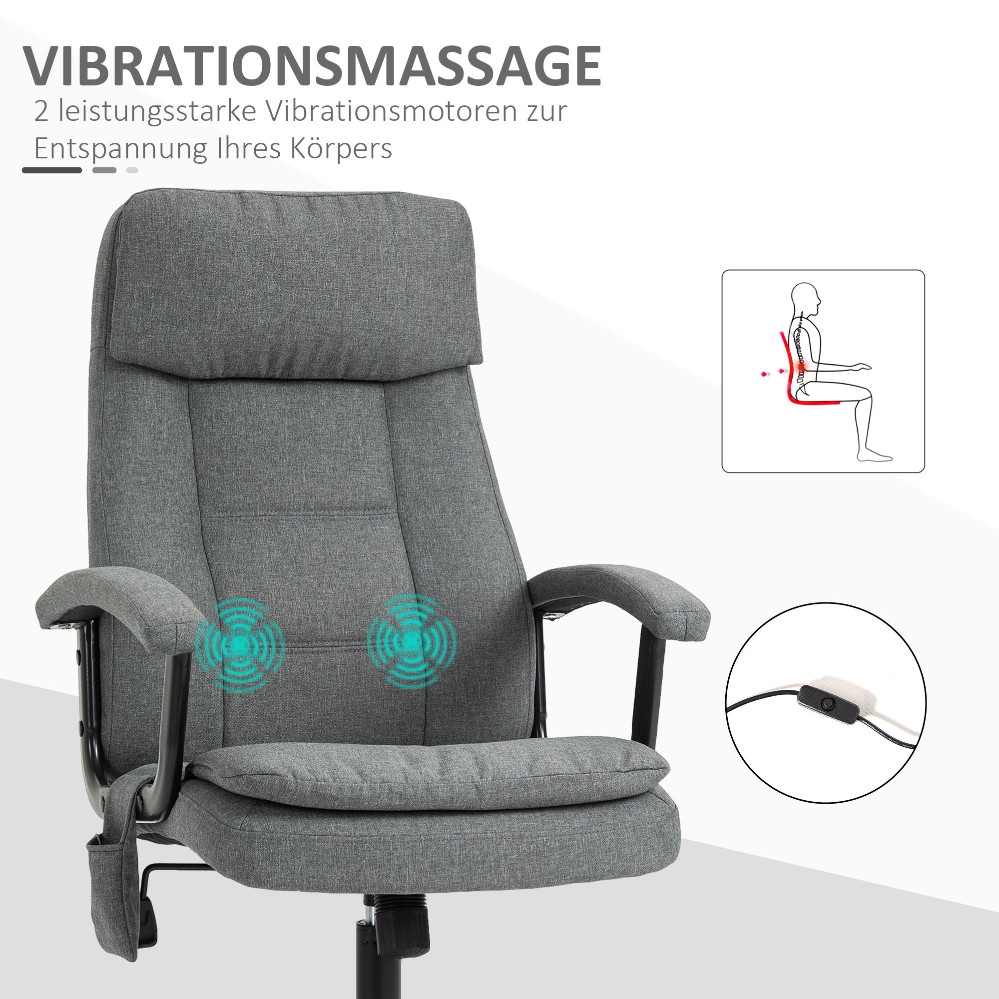 Vinsetto Bürostuhl Massage höhenverstellbarer Chefsessel Gamingstuhl mit Massagefunktion, ergonomischer Drehstuhl Massage Sessel Lendenwirbelsäulenmassage Leinen-Gefühl Grau 63 x 70 x 112-121 cm