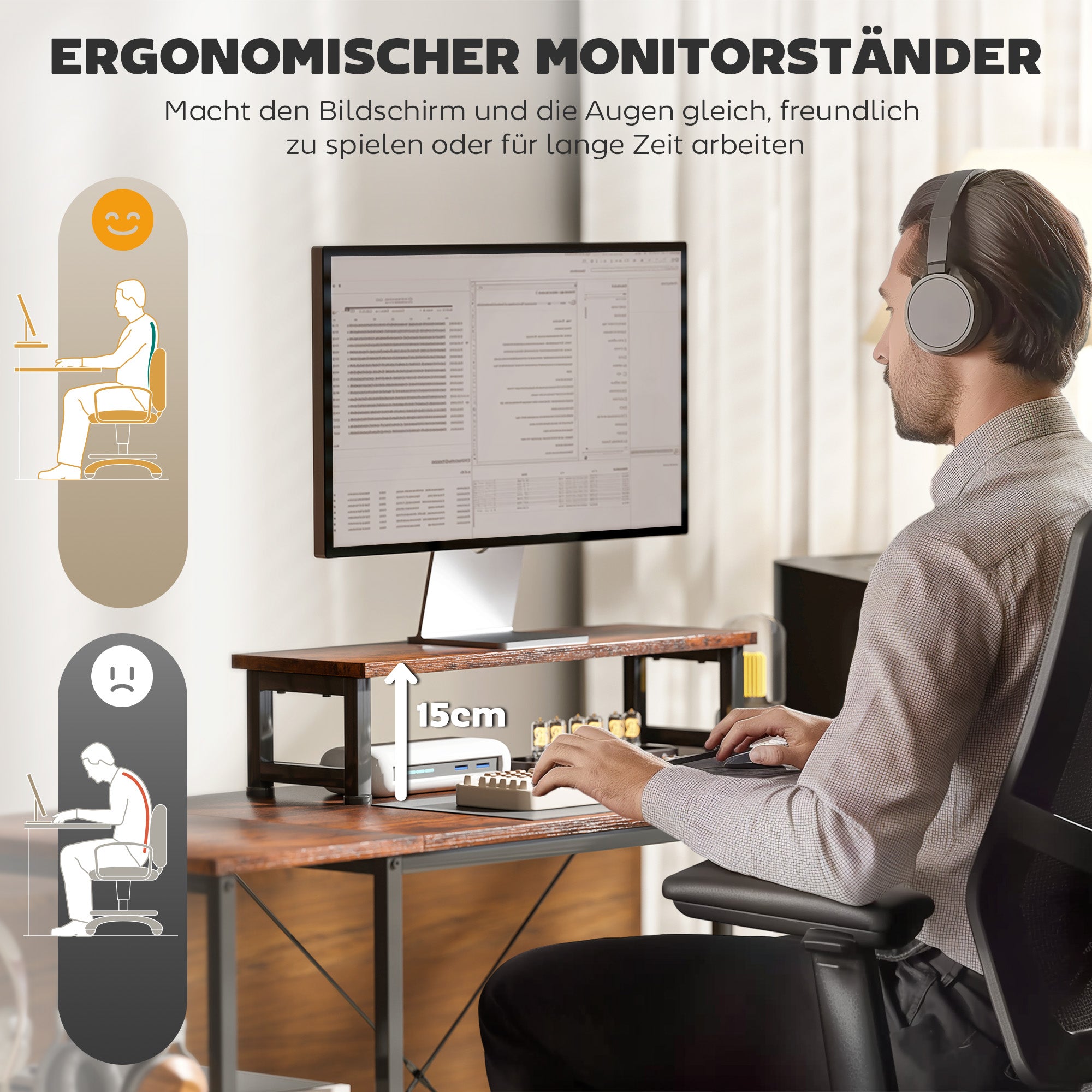 HOMCOM L-förmiger Schreibtisch, Vielseitiger Bürotisch mit einstellbaren Regalen und Aufbewahrungstasche, Monitorständer, Braun