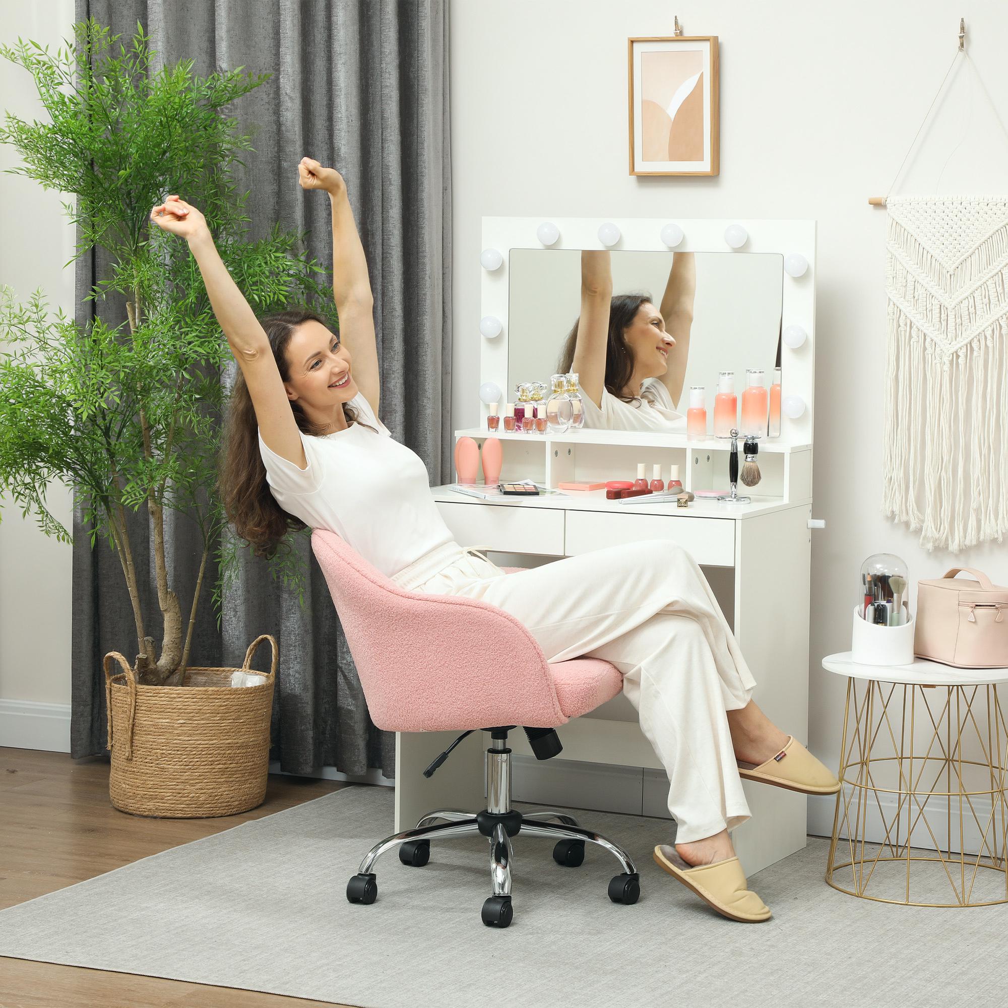 HOMCOM Homeoffice Stuhl, Ergonomisch Schreibtischstuhl mit Wippfunktion, Teddysamtoptik 56 x 61 x 86 cm Rosa