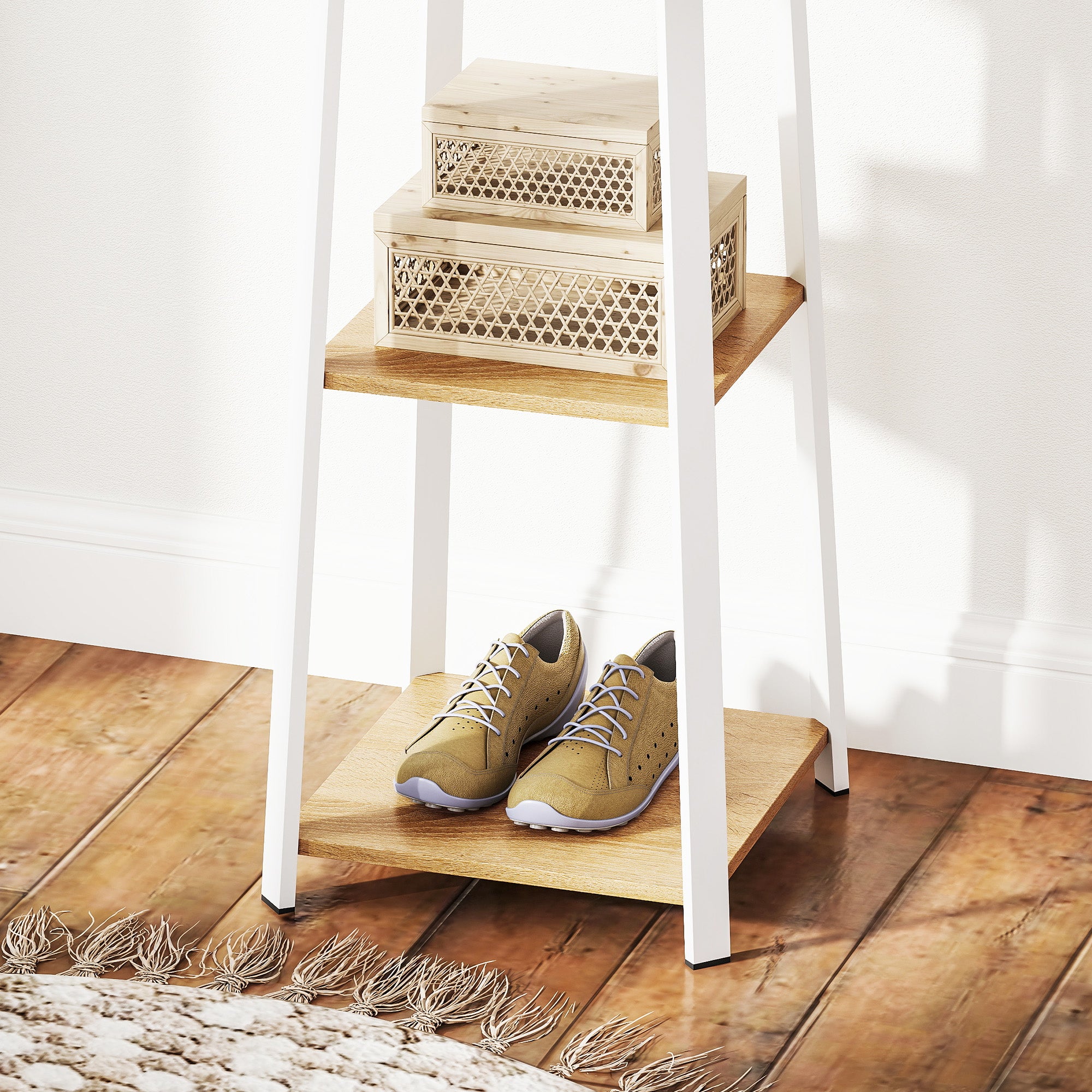 HOMCOM Kleiderständer, Trapez-Design, dreistufig, 8 Doppelhaken, Stahll, Weiß+Eiche