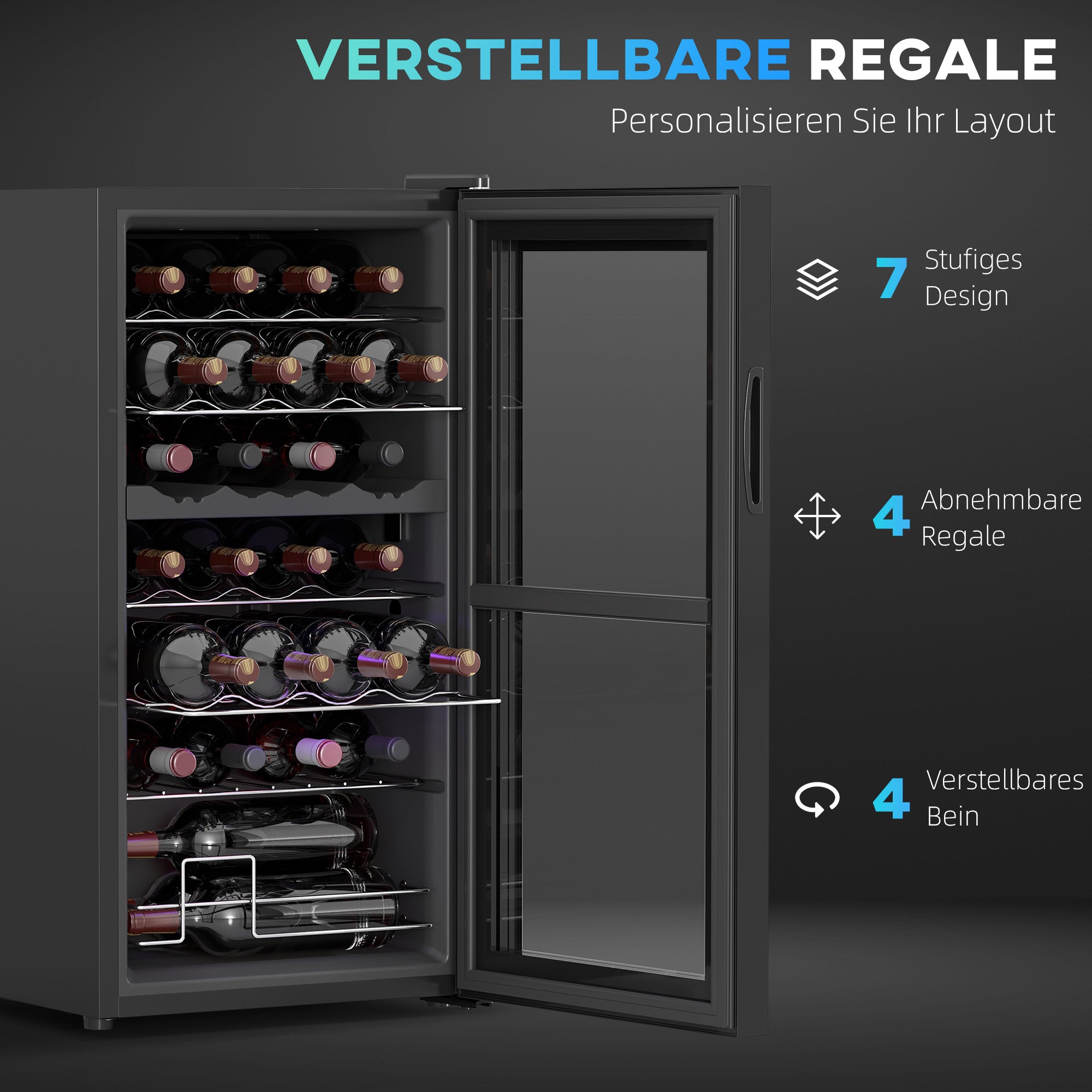 HOMCOM Kleiner Weinkühlschrank, Mini-Kühlschrank für 28 Flaschen, 74 Liter Kapazität, Glastür, LED-Beleuchtung, Touch-Screen