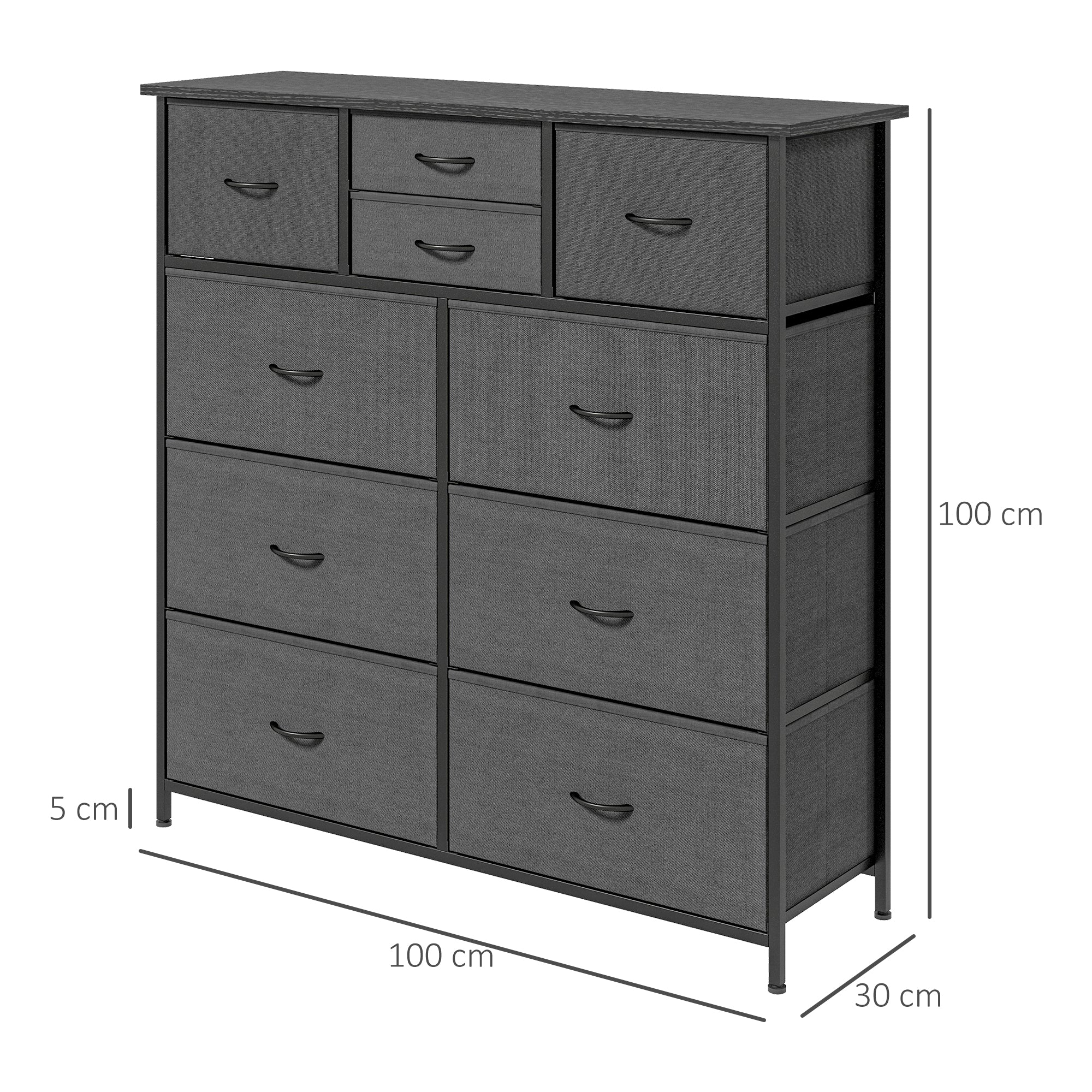 HOMCOM Kommode, Sideboard mit Stoffschubladen, 10 Fächer, Metallrahmen, 100x30x100cm, Schwarz