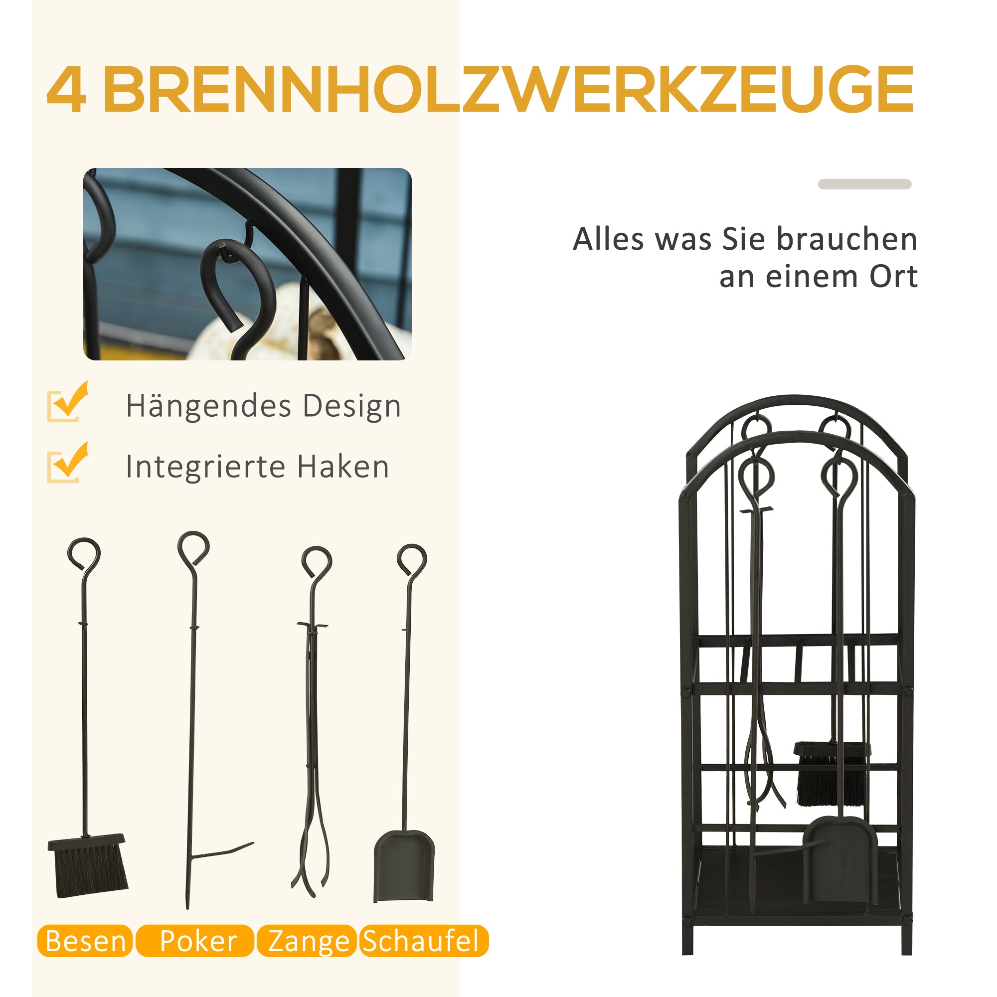 Outsunny kaminholzregal Kaminholzständer Brennholzregal mit 4 zusätzlichen Brennholzwerkzeugen Kaminbesteck 2-Ebenen-Design Feuerholzablage Kaminwerkzeug Metall Schwarz 41,5 x 32,5 x 74,5 cm
