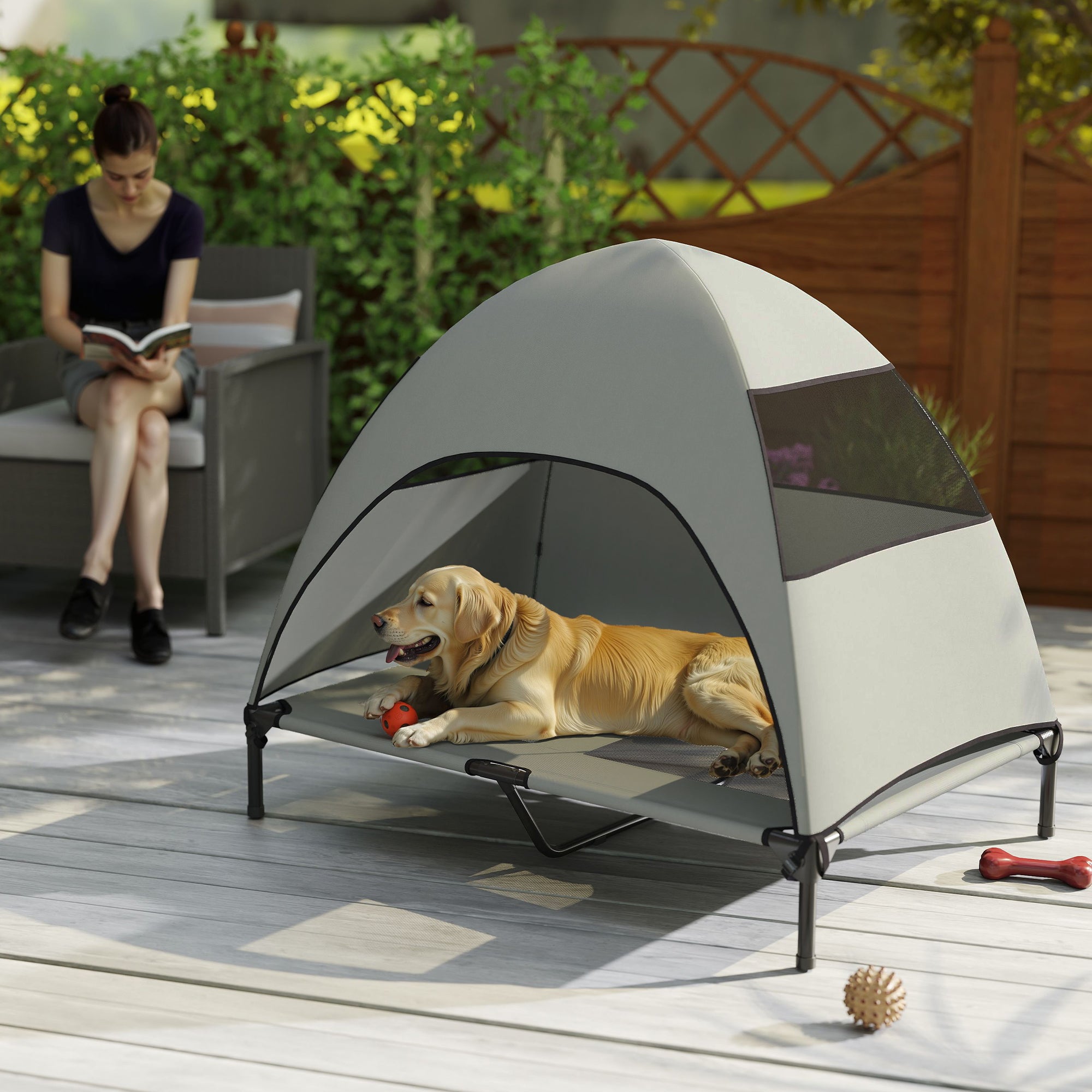 PawHut Hundeliege Outdoor mit Dach, Erhöhtes Hundebett für Große Hunde, 106 x 76 x 99 cm, Hellgrau