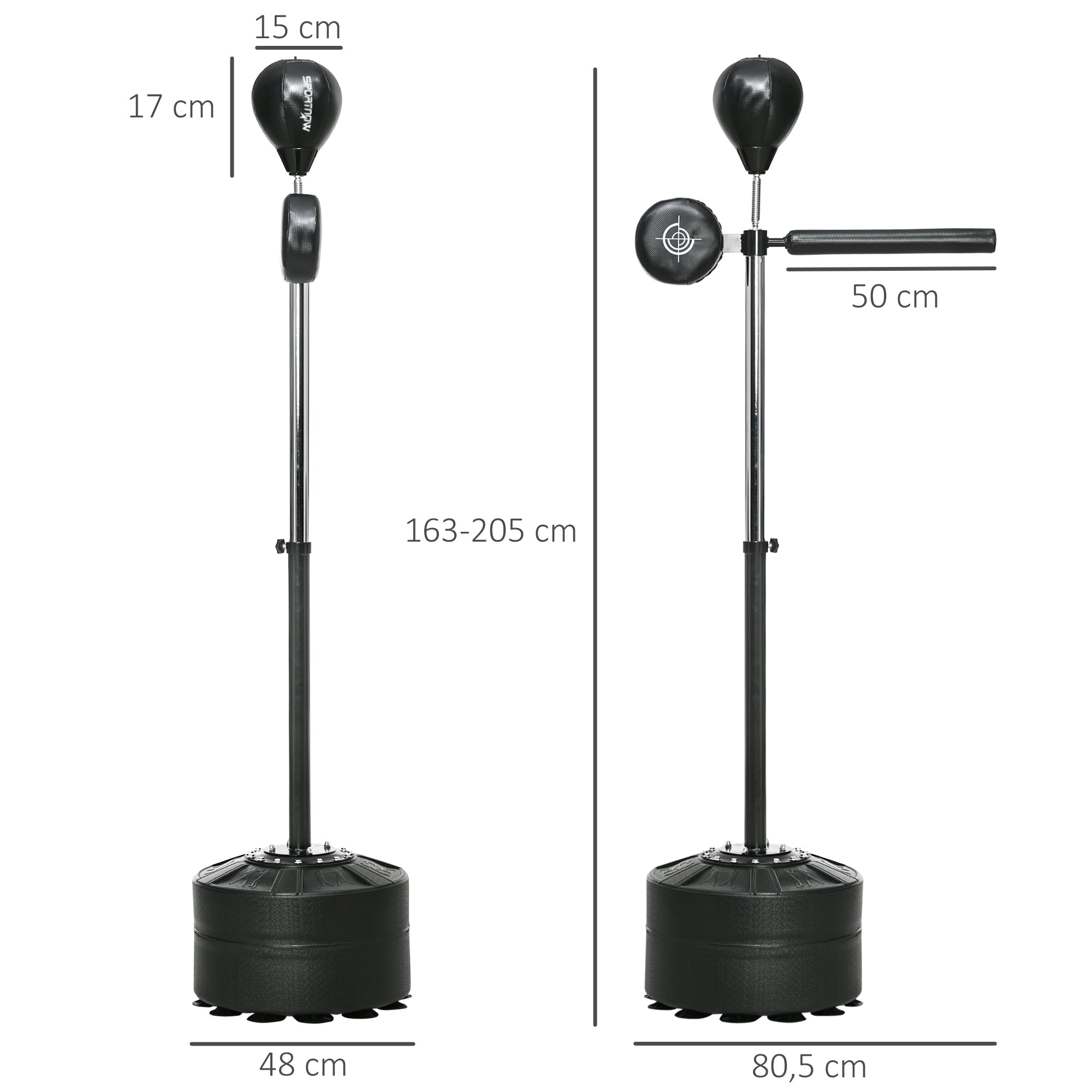 SPORTNOW Höhenverstellbarer Punchingball, 360° drehbar, inkl. Boxbandagen, Schwarz, 80,5 x 48 x 163-205 cm