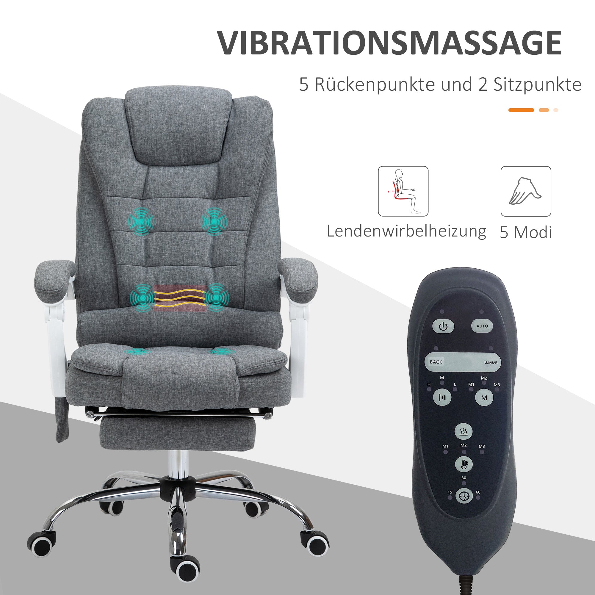 Vinsetto Bürostuhl mit Massage- und Heizfunktion, neigbare Rückenlehne, drehbar & höhenverstellbar, bis 120 kg, Grau