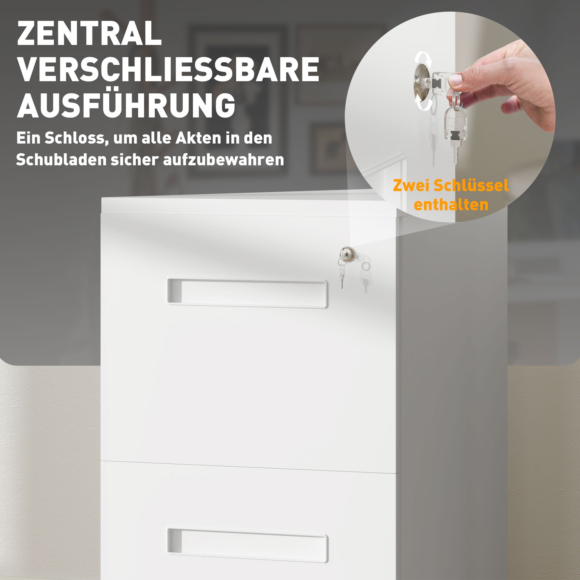 Vinsetto Rollcontainer, Aktenschrank, Trennwand, zentral abschließbar, Stahlgehäuse, 5 Räder, weiß, 39 x 48 x 67 cm