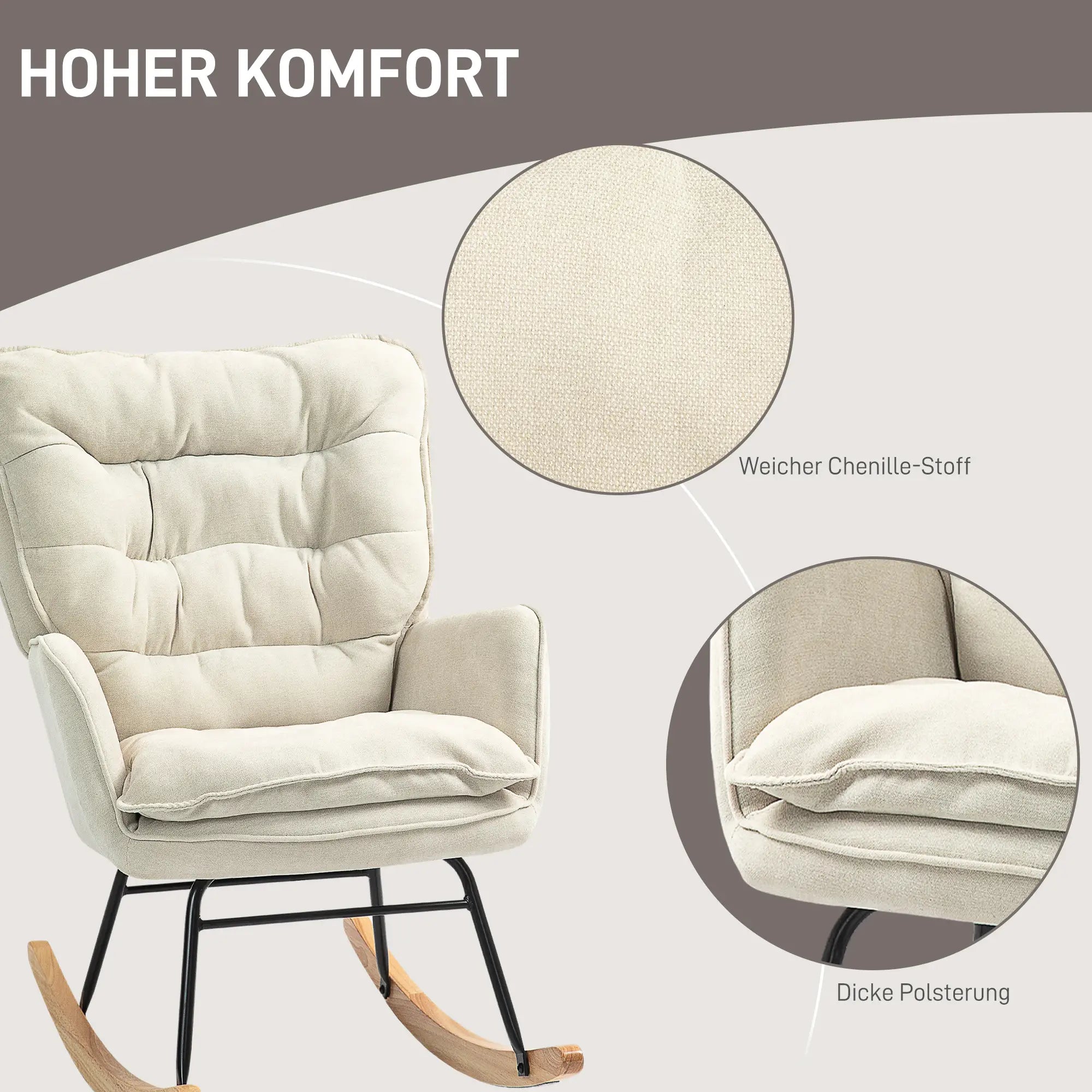 HOMCOM Schaukelstuhl, breiter Sitz, hohe Rückenlehne, Buchenholzrahmen, bis 120 kg, Beige