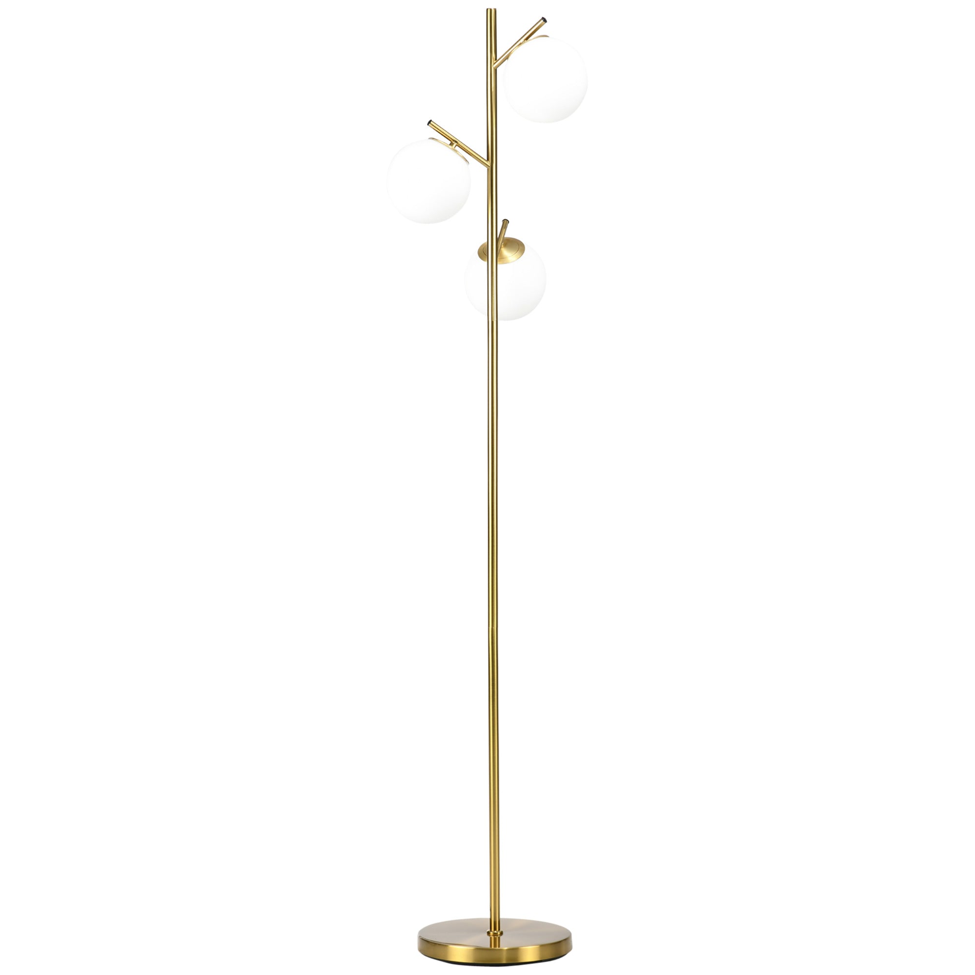 HOMCOM Stehleuchte im Retro-Design, Stehlampe, Stehlampe mit 3 Lampenschirmen, Glas, Gold