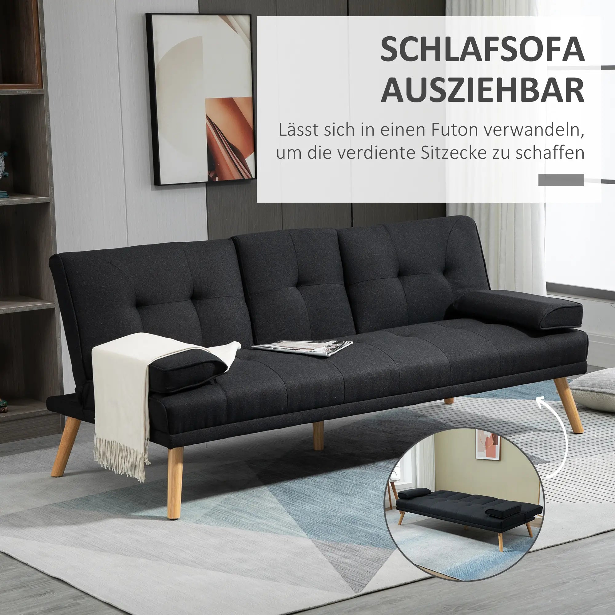 HOMCOM Schlafsofa, Gästebett, verstellbare Rückenlehne, klappbarer Tisch, 181x77x78 cm, Schwarz