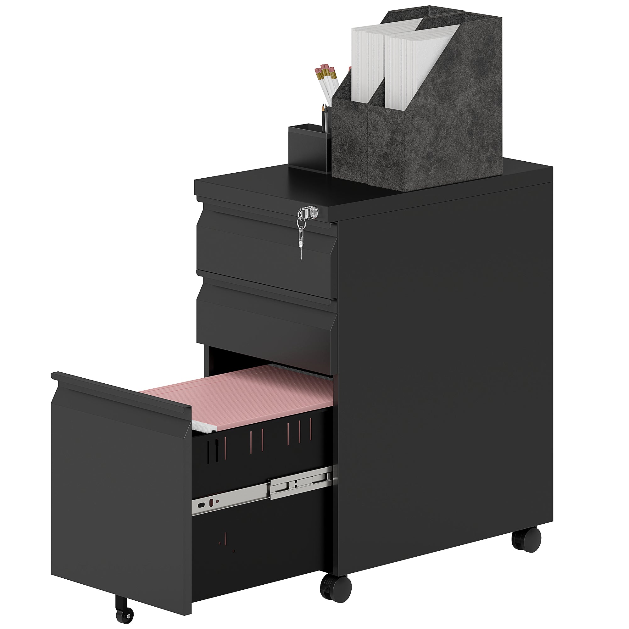 Vinsetto Aktenschrank aus Metall, Büroschrank, 3 Schubladen, rollbar, Schwarz